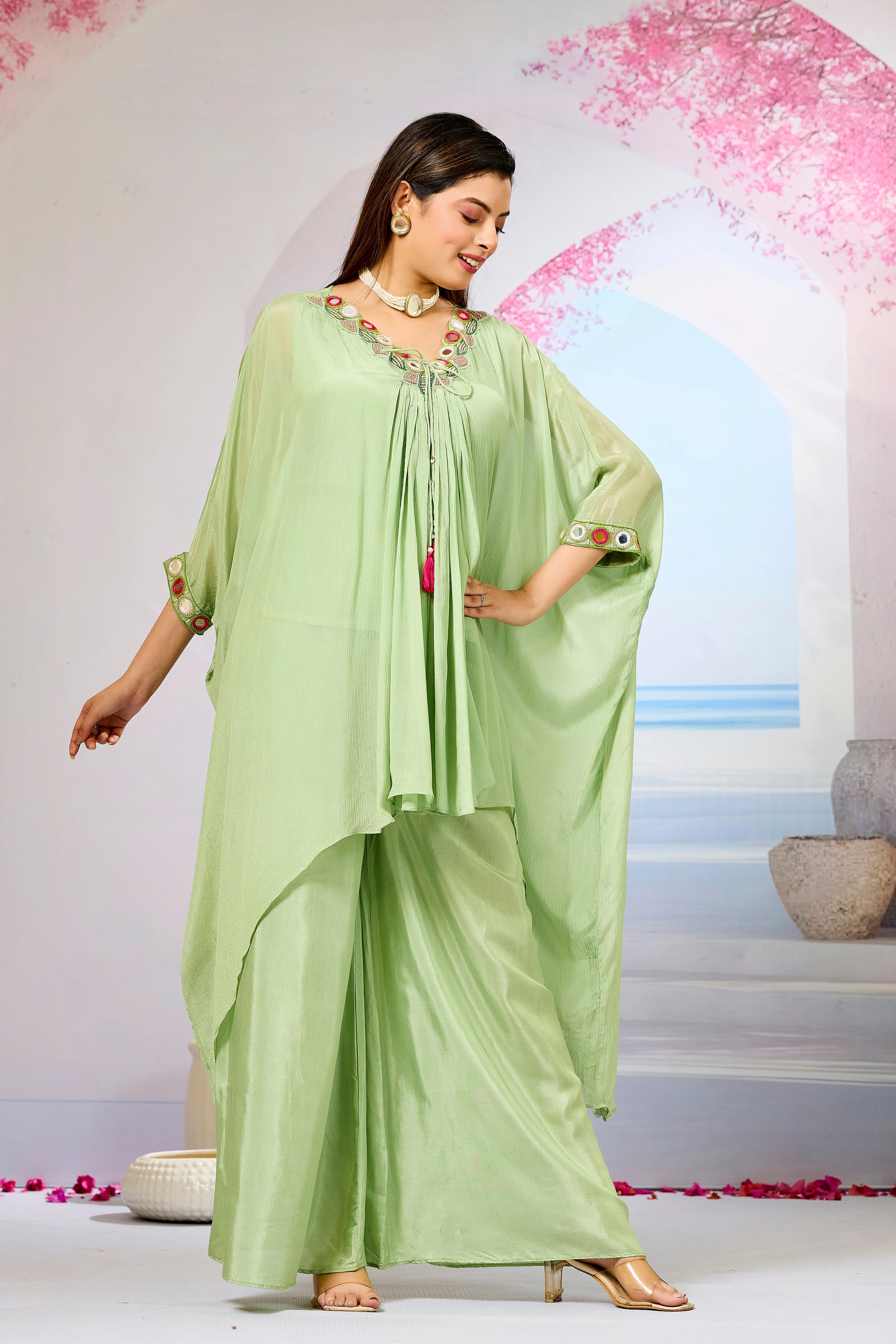 Green Embellished Chinon Silk Kaftan Set - Image 3