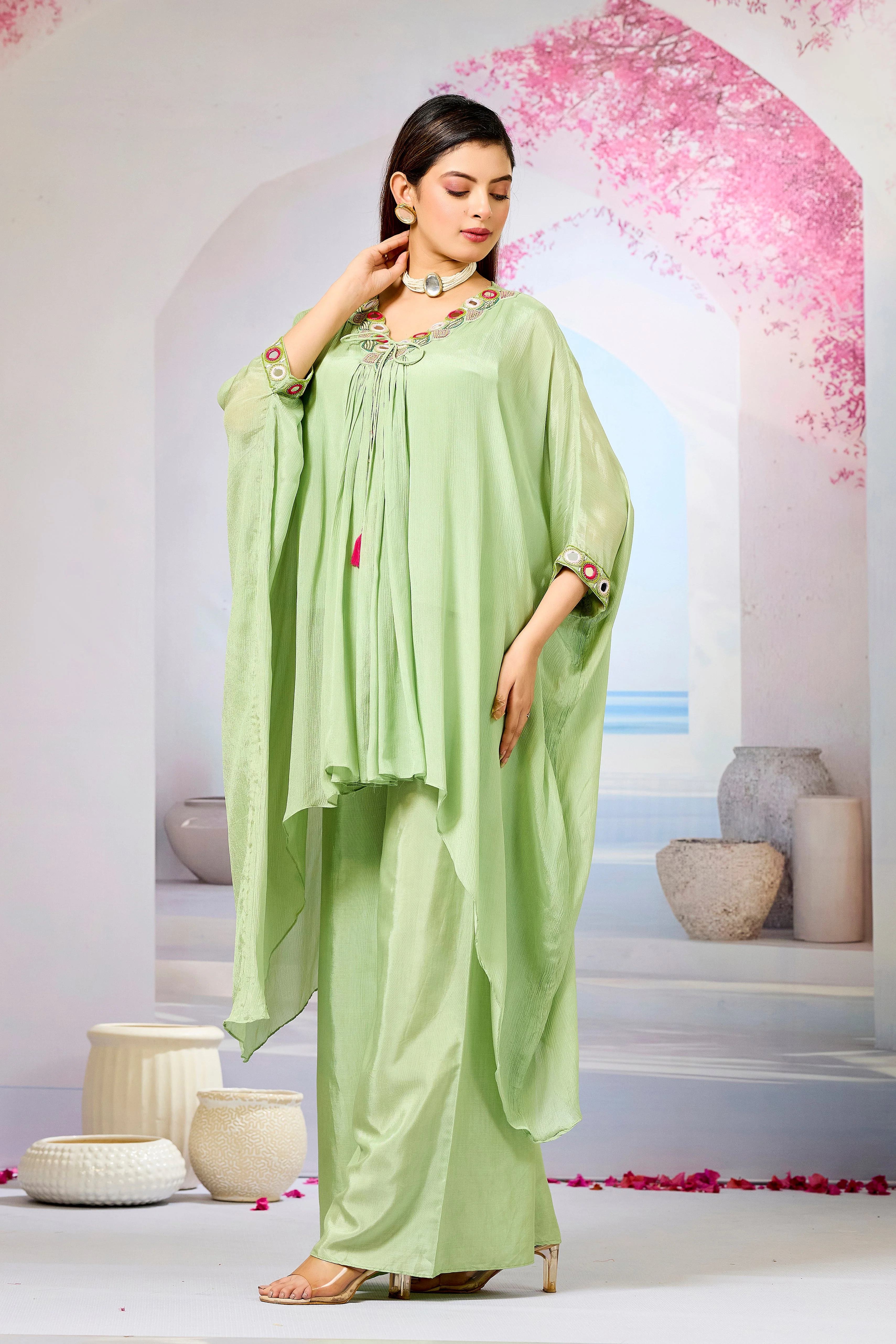 Green Embellished Chinon Silk Kaftan Set - Image 4