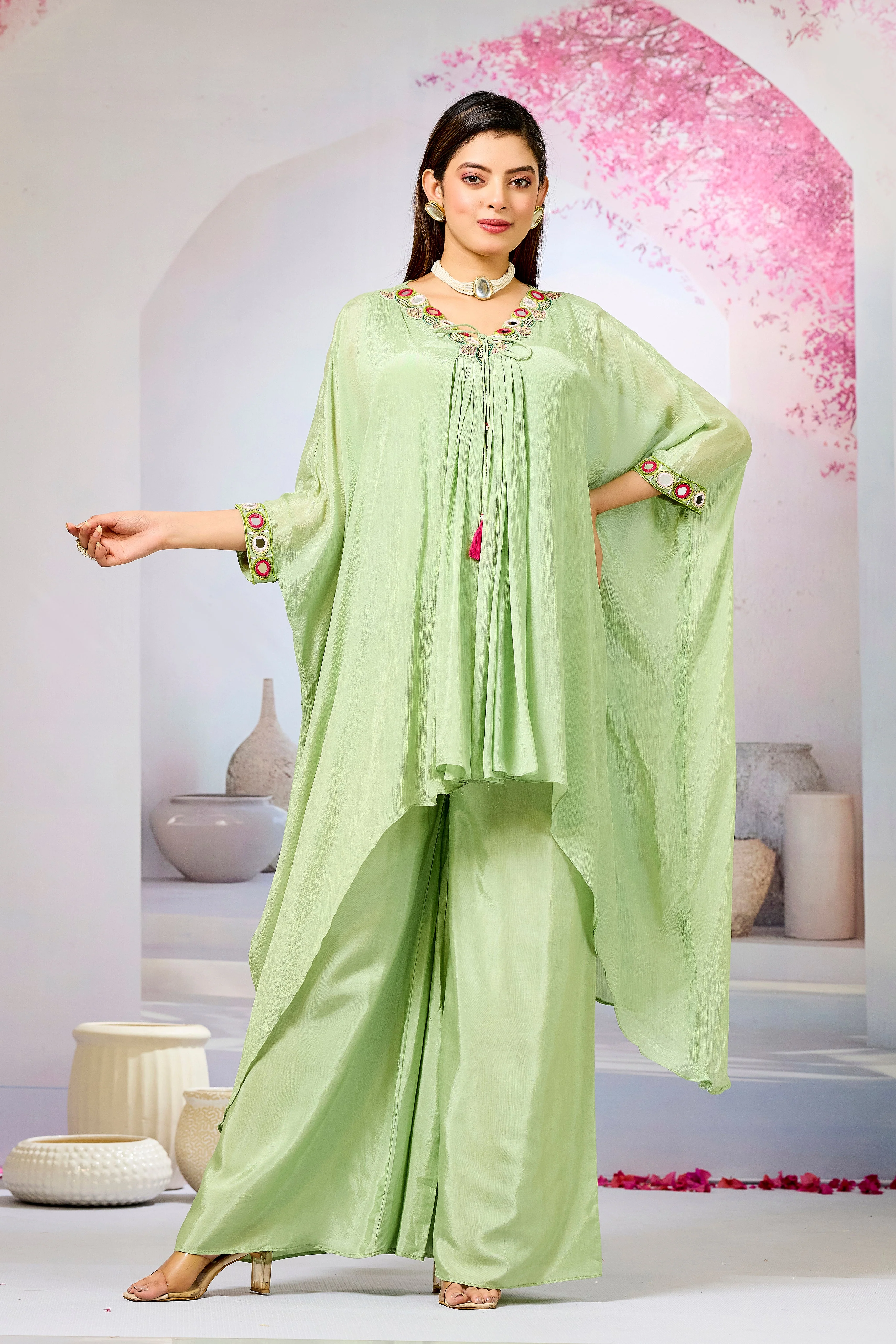 Green Embellished Chinon Silk Kaftan Set - Image 5