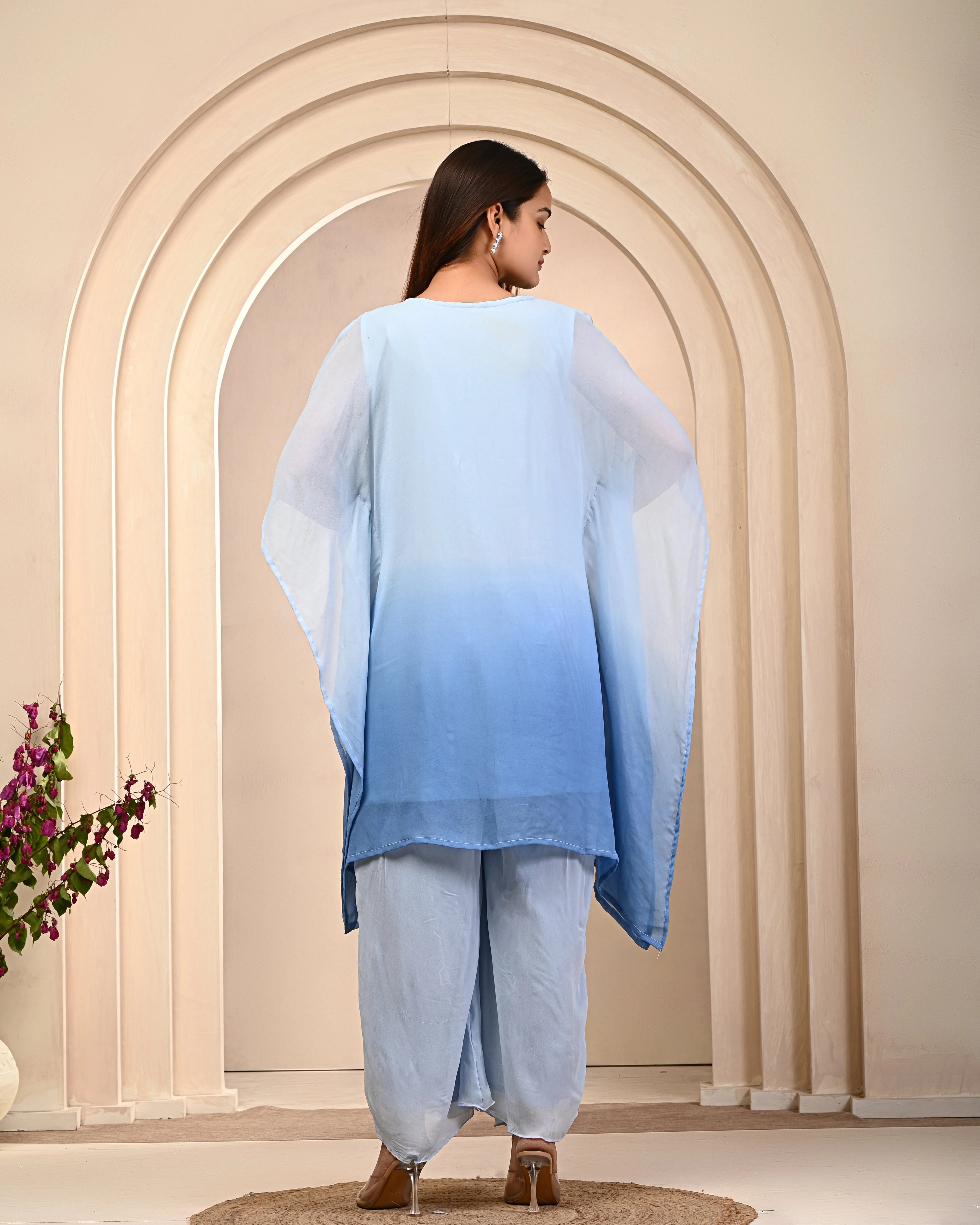 Pastel Blue Embroidered Georgette Silk Kaftan Set - Image 5