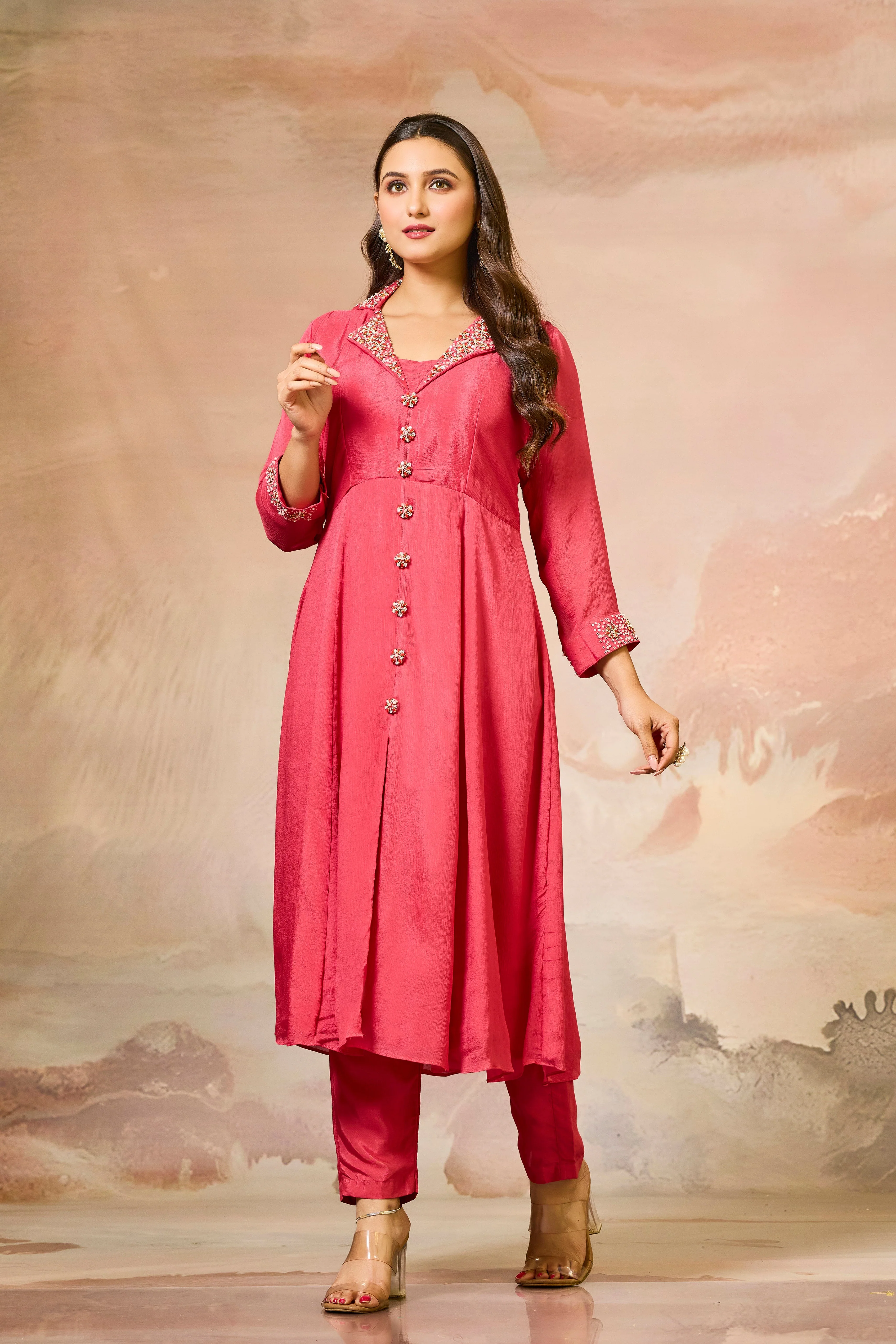 Red Embellished Chinon Silk Kurta Set - Image 2