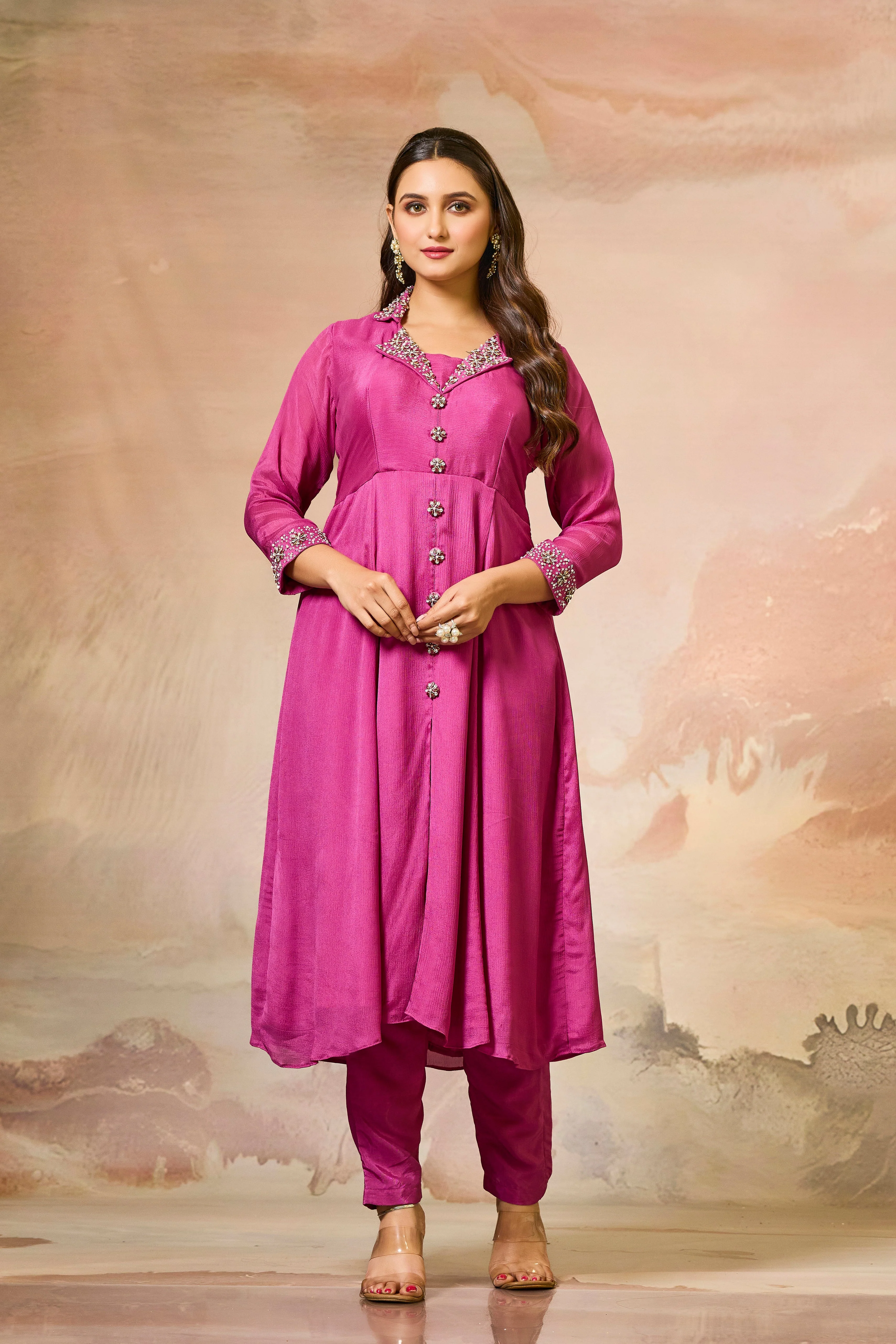 Pink Embellished Chinon Silk Kurta Set