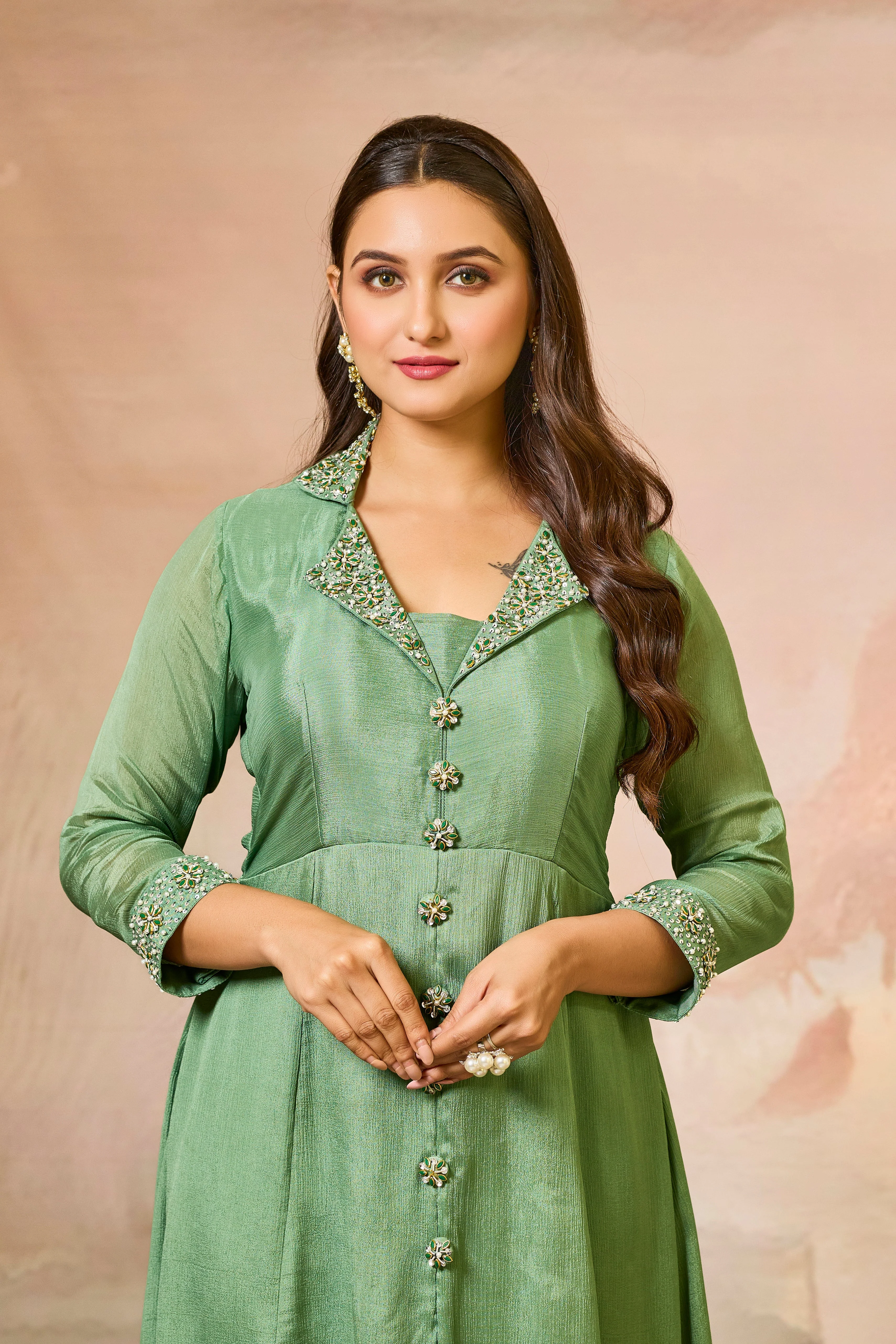 Green Embellished Chinon Silk Kurta Set - Image 2