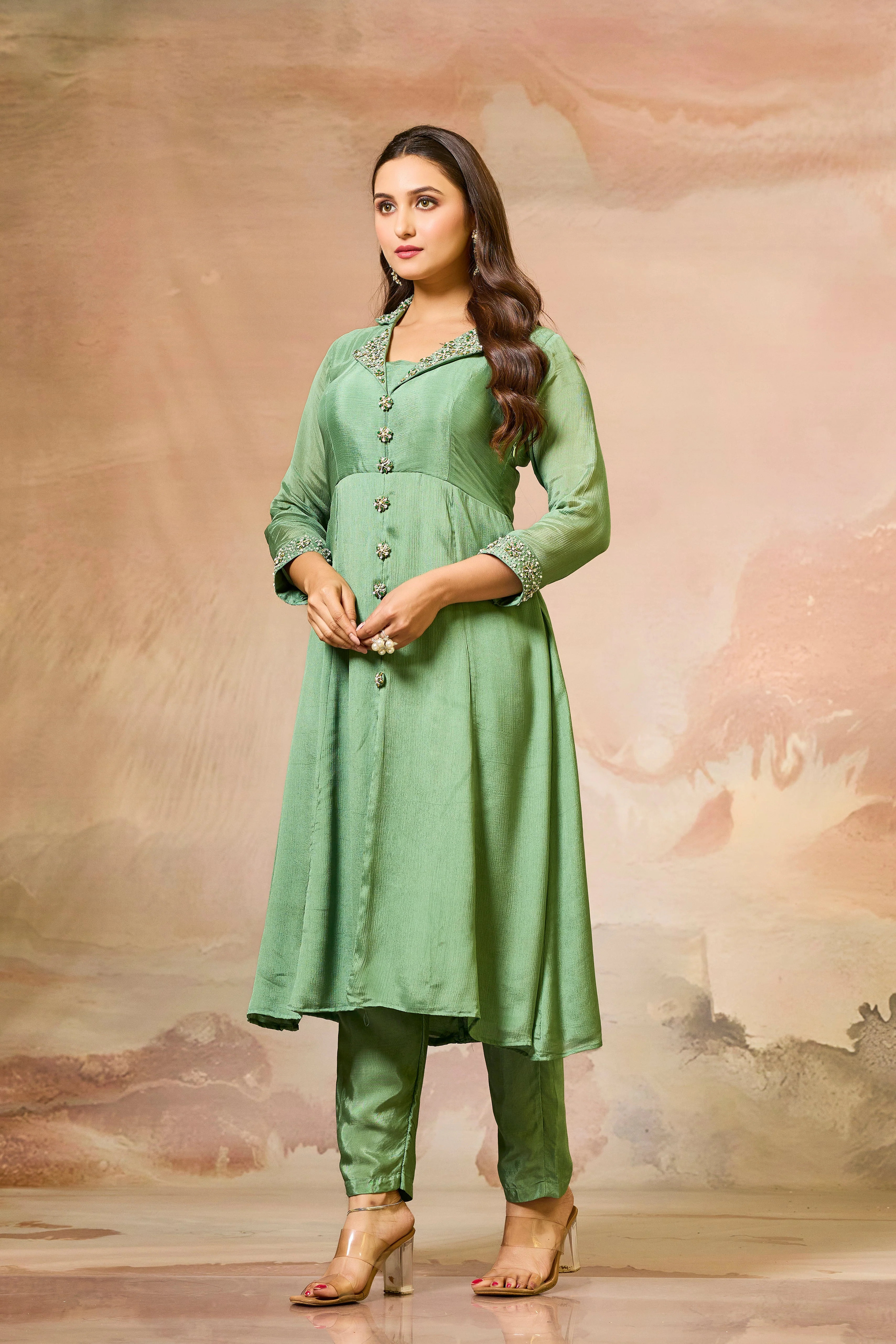 Green Embellished Chinon Silk Kurta Set - Image 3
