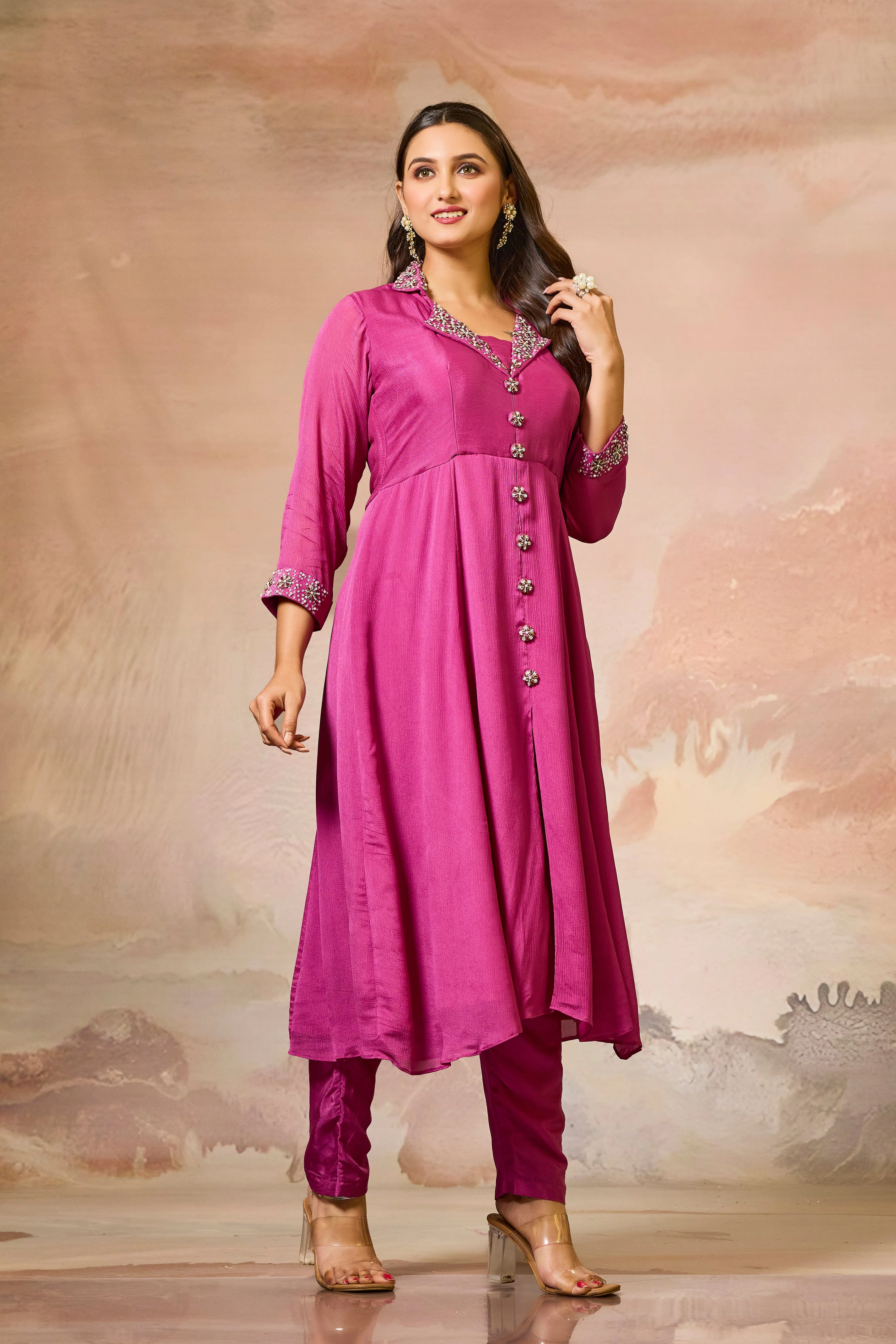 Pink Embellished Chinon Silk Kurta Set - Image 2