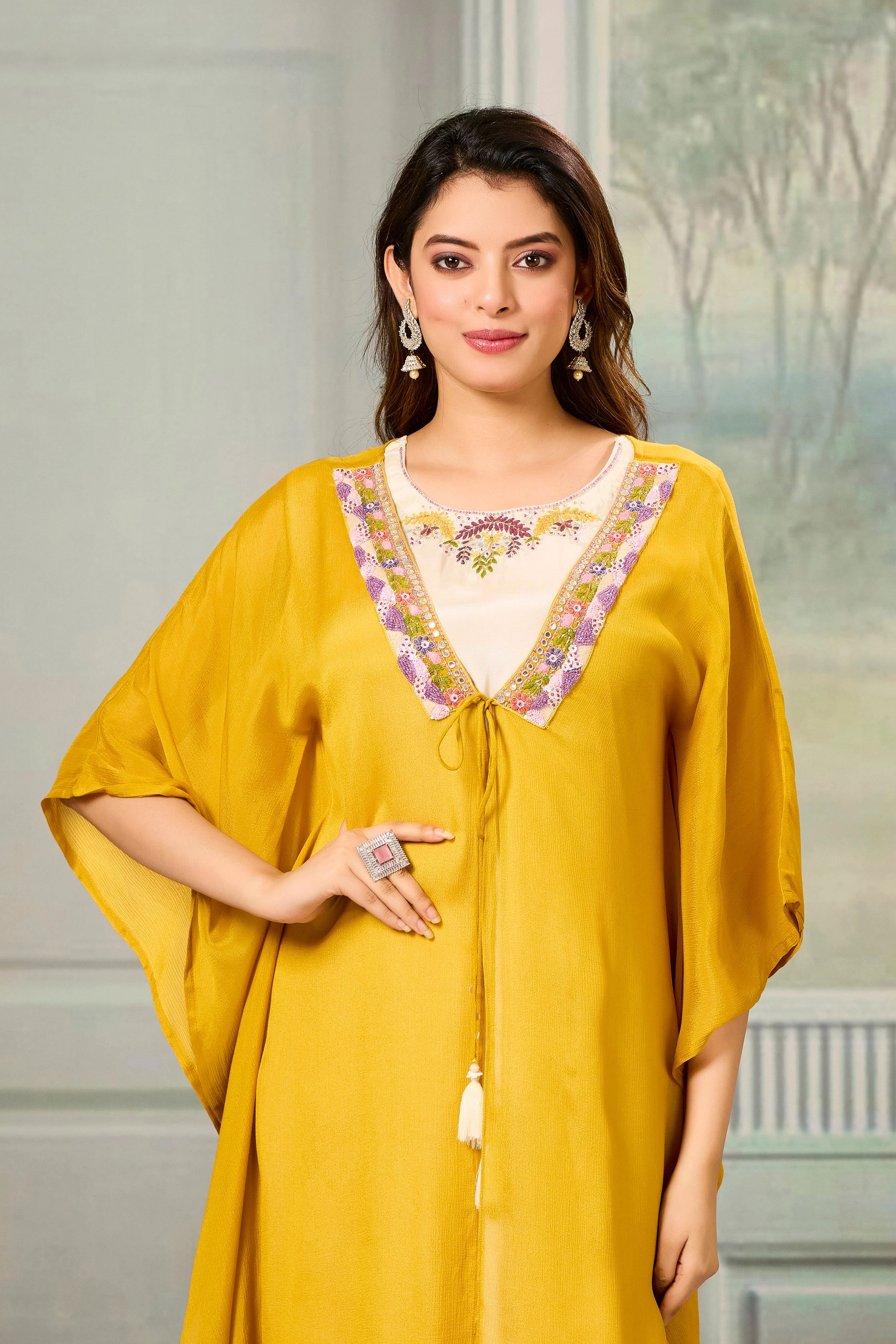 Beige Mustard Embellished Chinon Silk Cape Set - Image 2