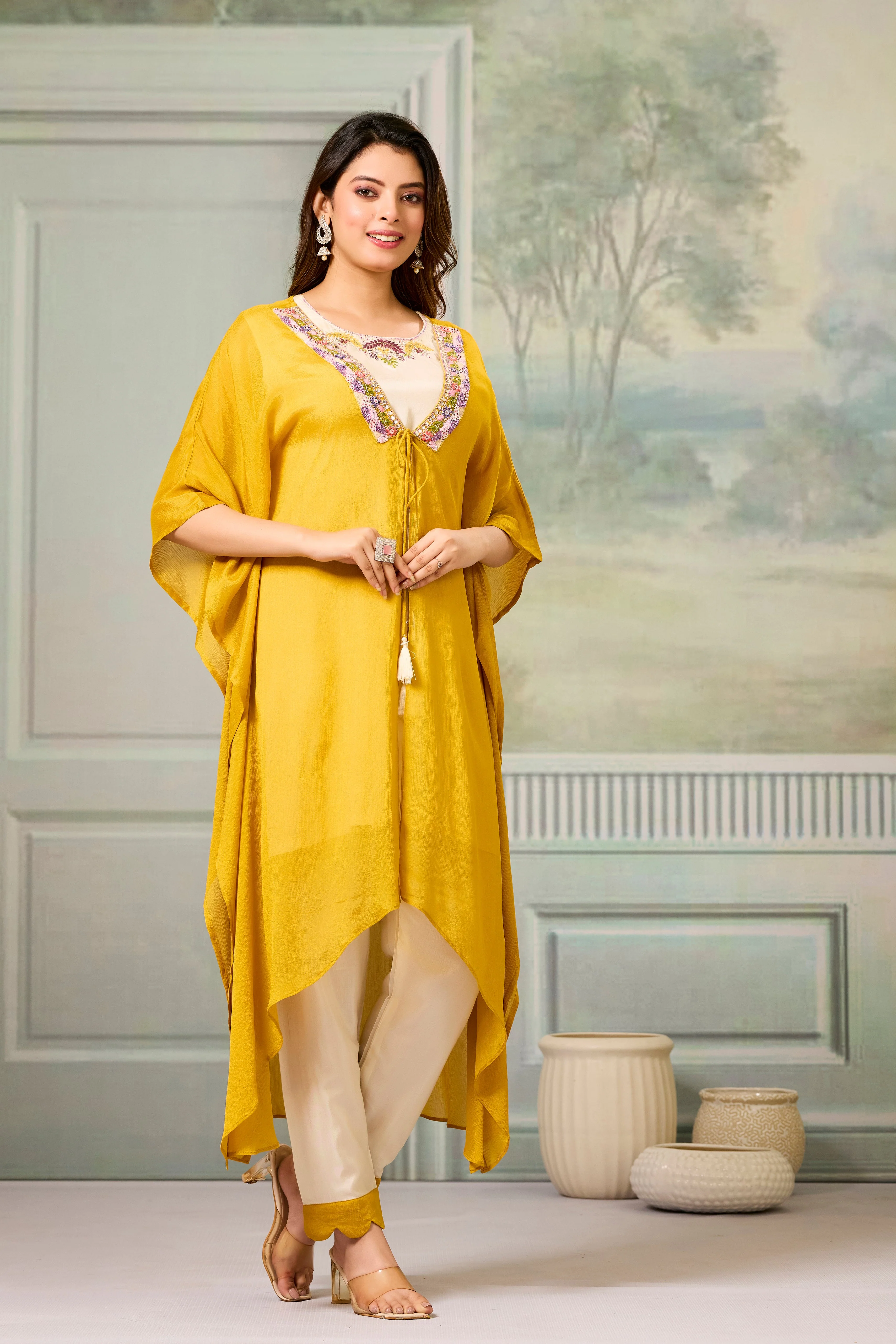 Beige Mustard Embellished Chinon Silk Cape Set - Image 3