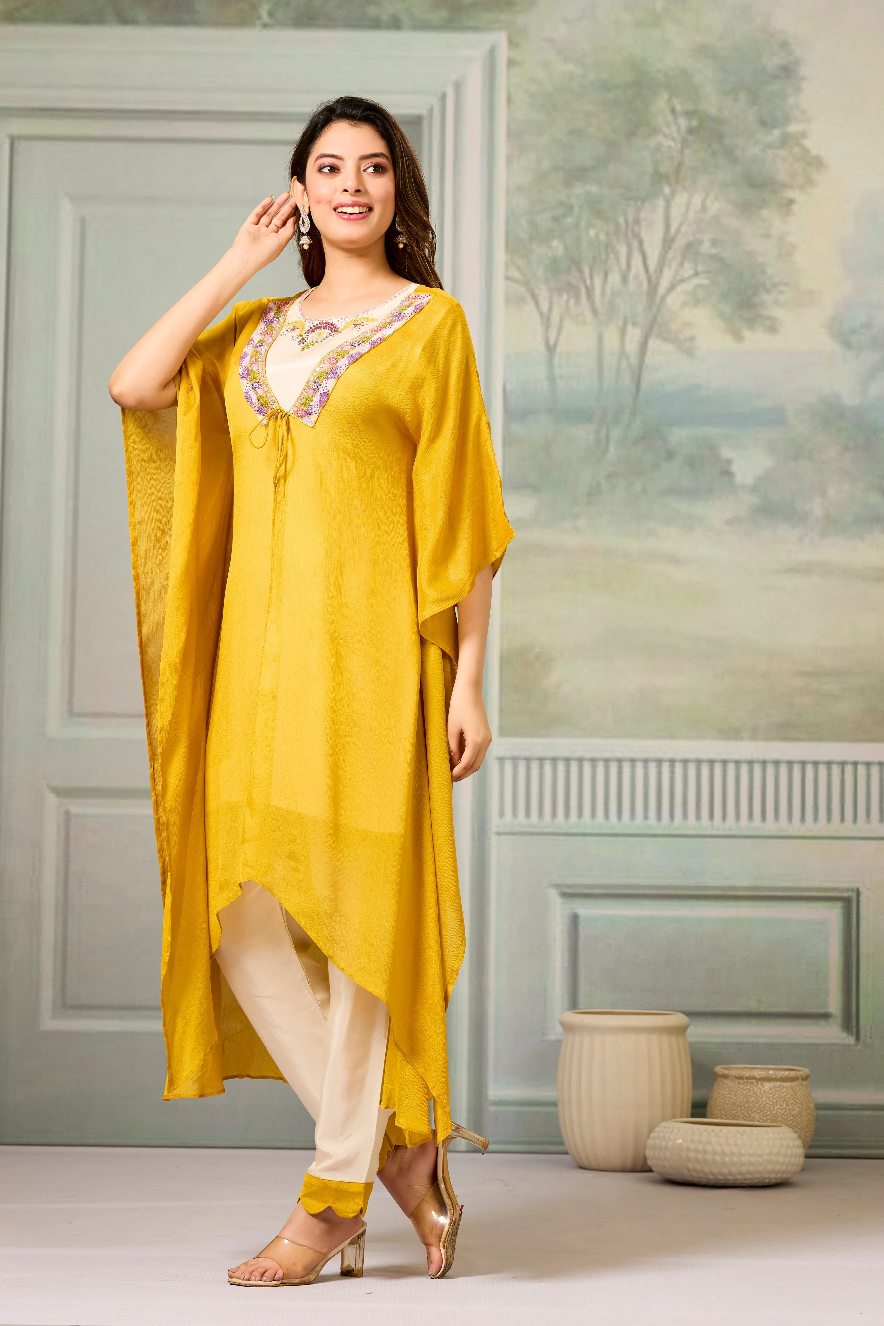 Beige Mustard Embellished Chinon Silk Cape Set - Image 4