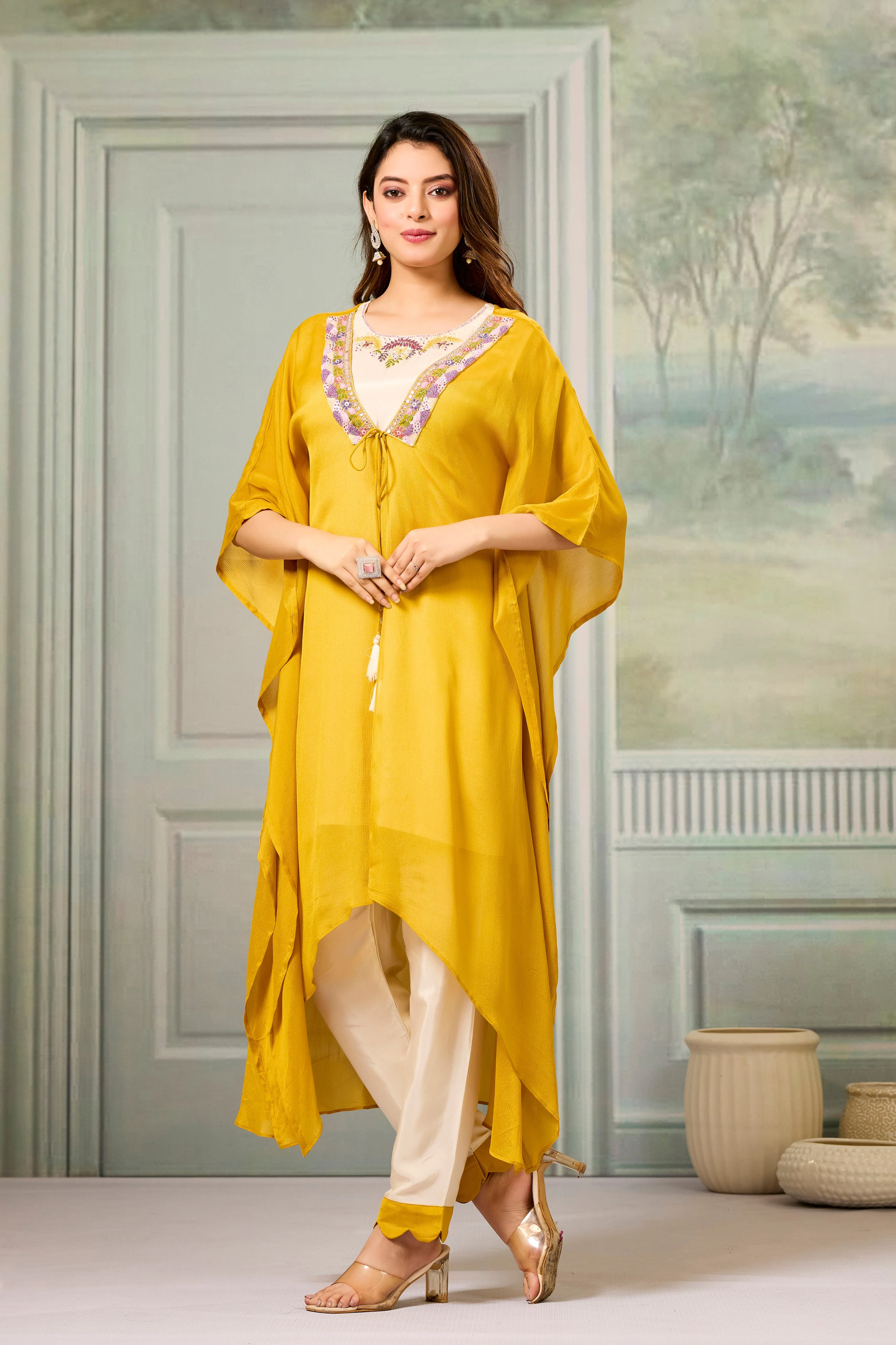 Beige Mustard Embellished Chinon Silk Cape Set - Image 5