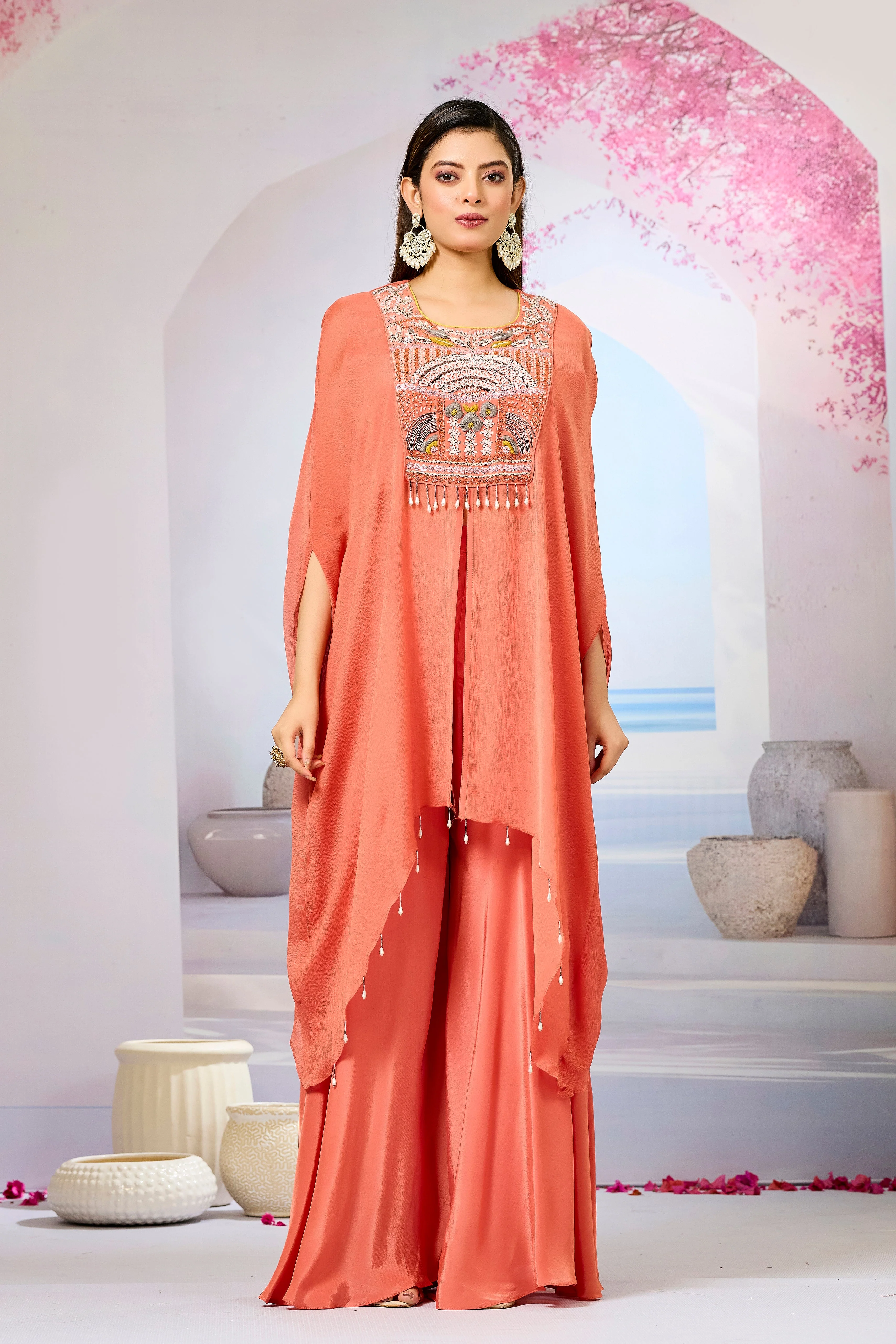 Peach Embellished Chinon Silk Palazzo Set - Image 3