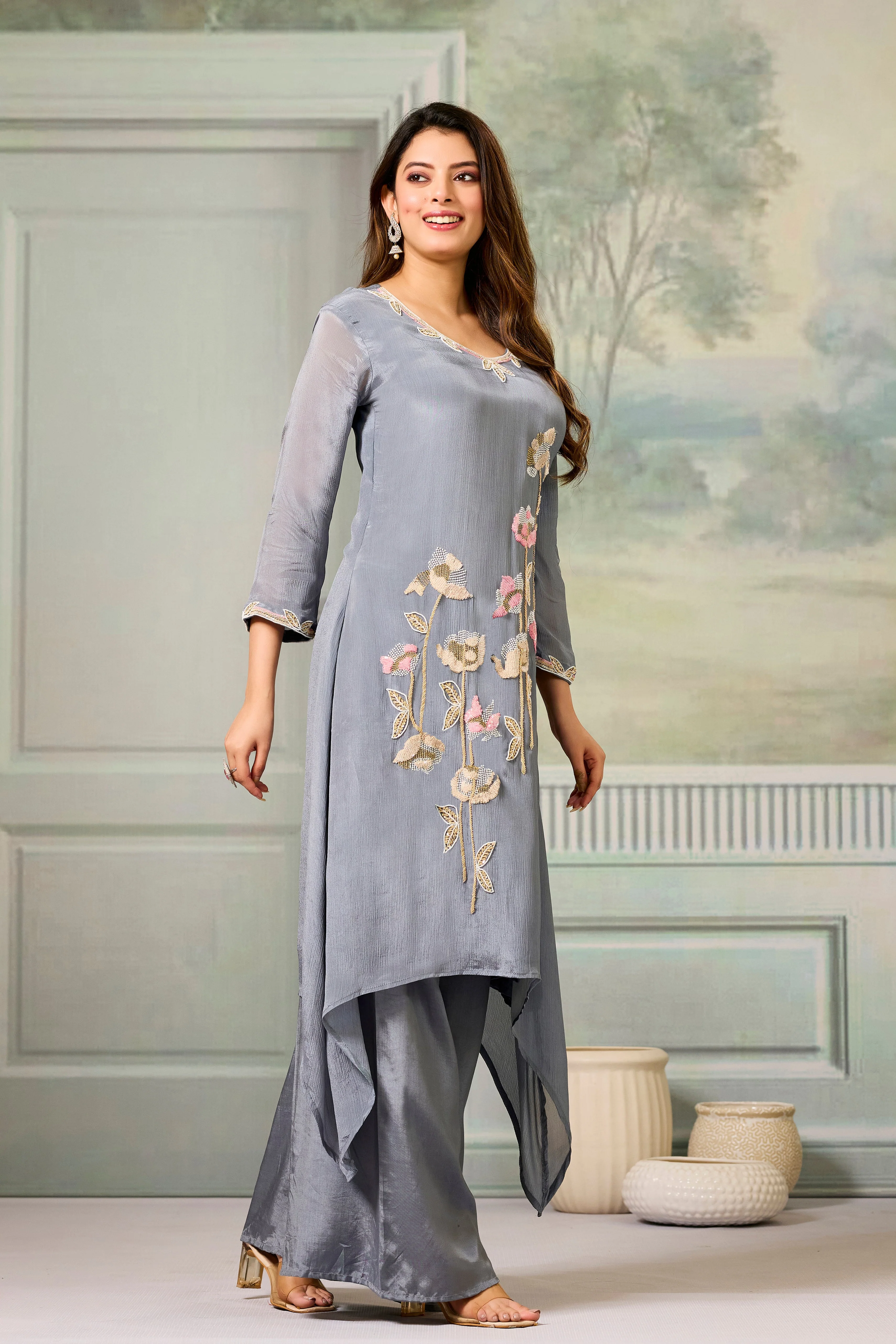 Grey Embellished Chinon Silk Palazzo Set - Image 3