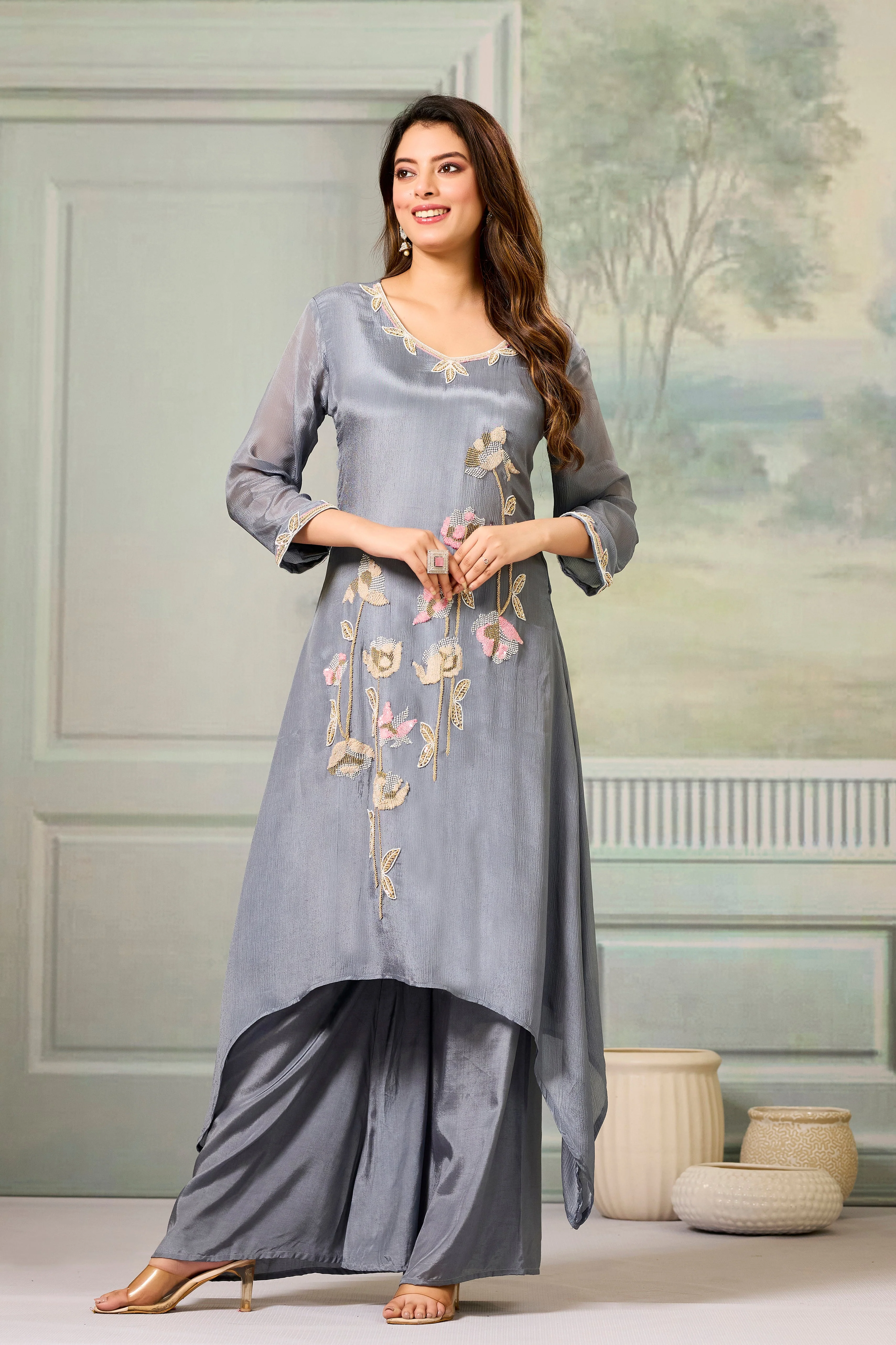 Grey Embellished Chinon Silk Palazzo Set - Image 4
