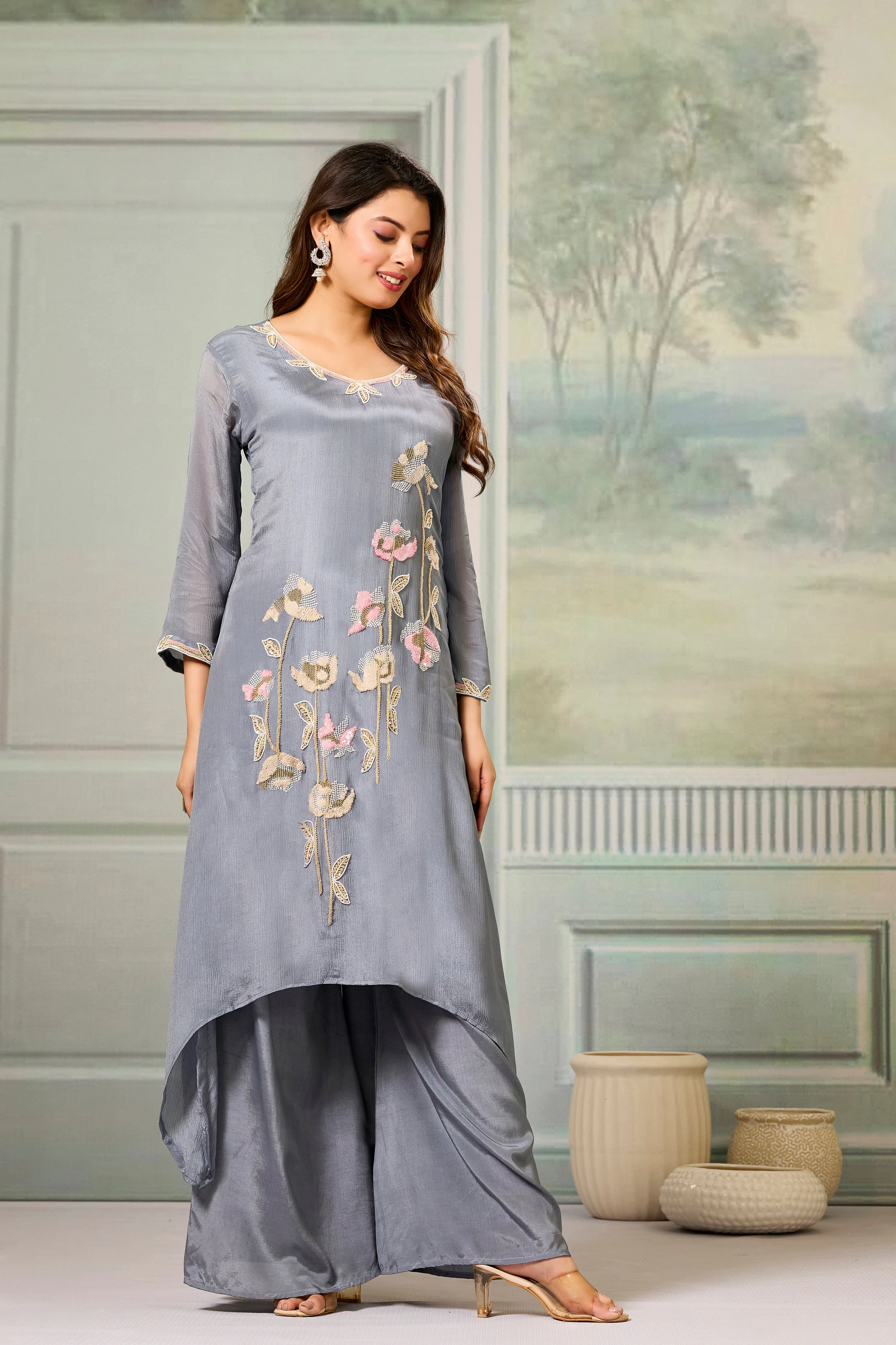 Grey Embellished Chinon Silk Palazzo Set - Image 5