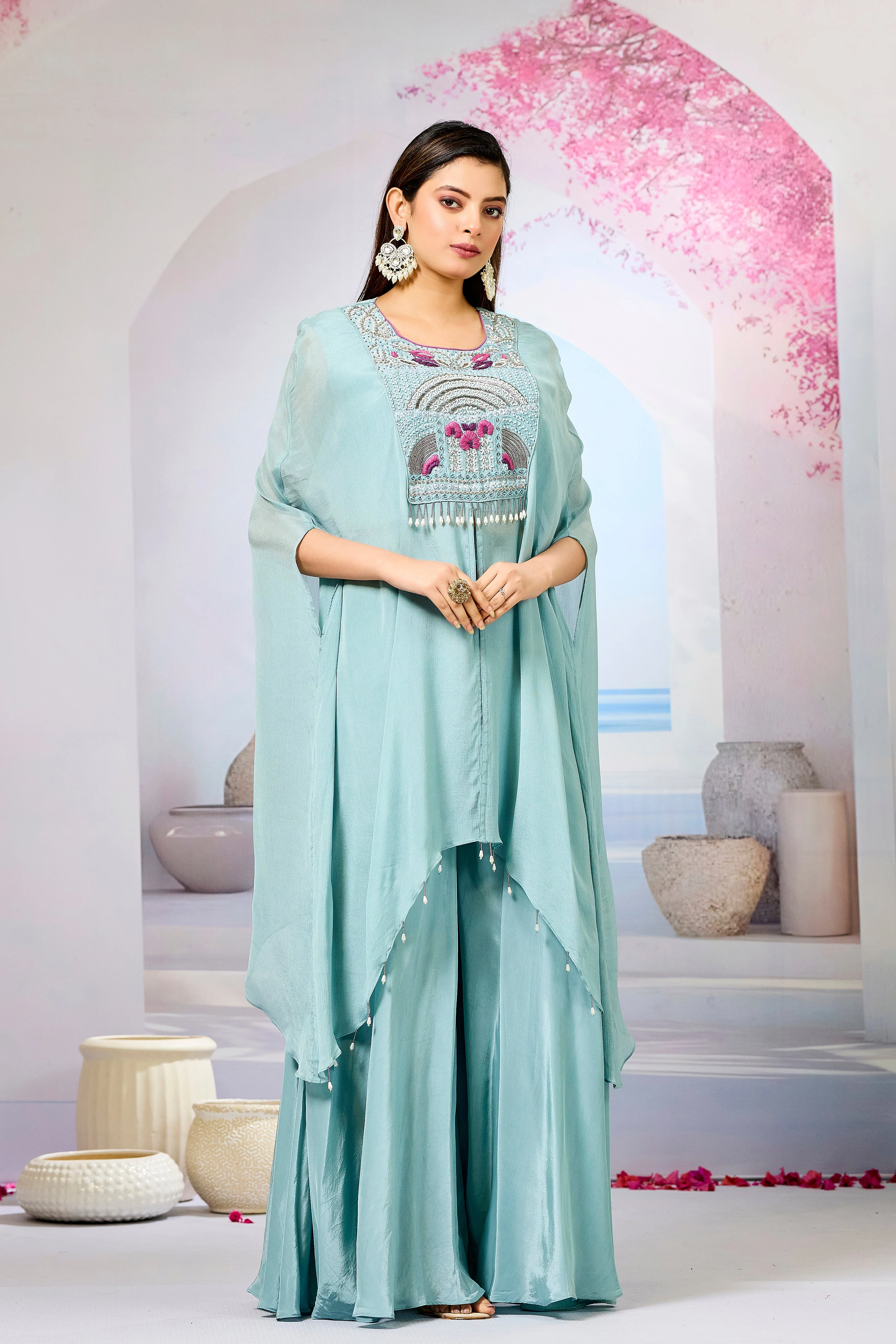 Sky Blue Embellished Chinon Silk Palazzo Set - Image 3