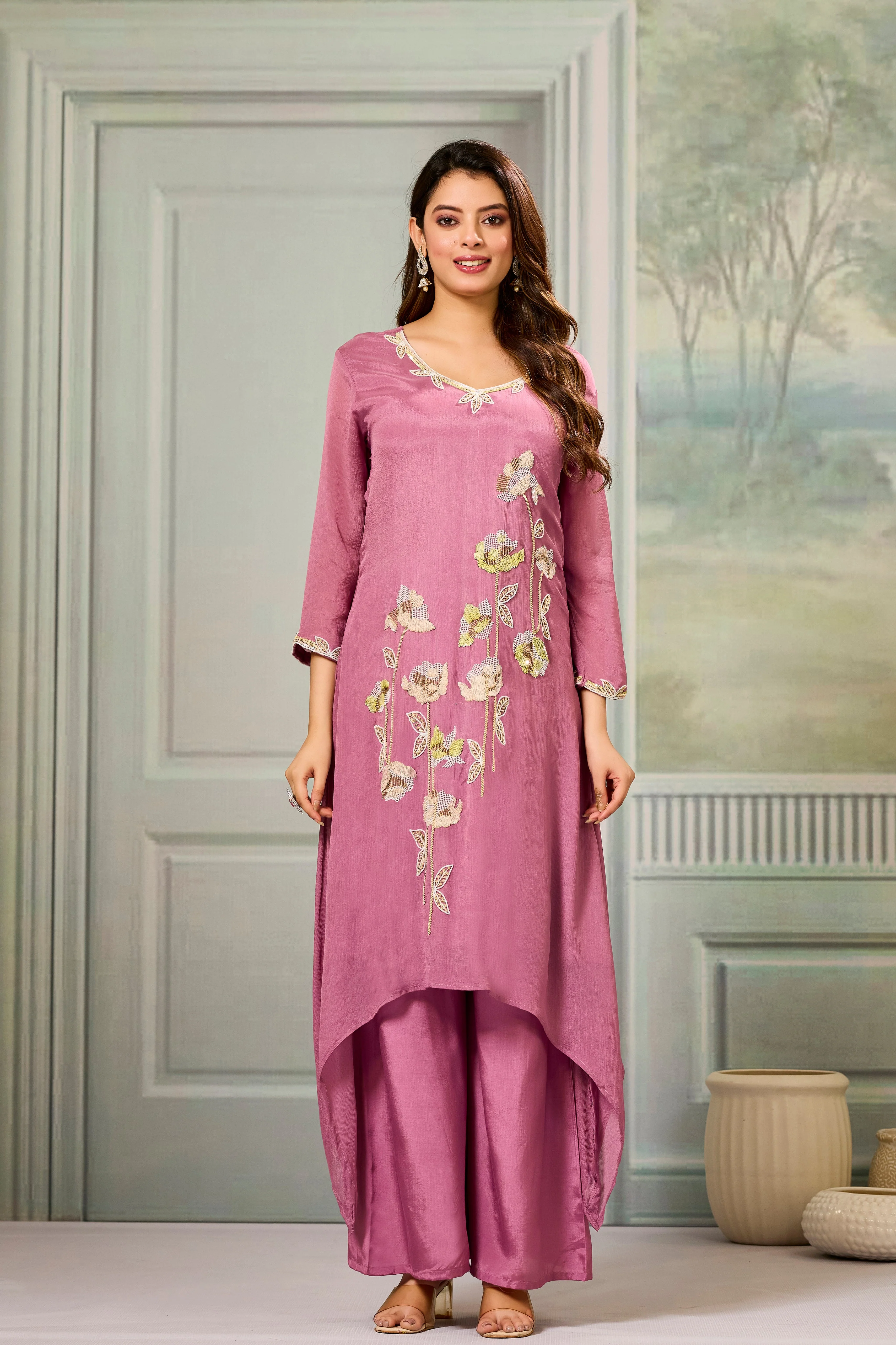 Pink Embellished Chinon Silk Palazzo Set - Image 3