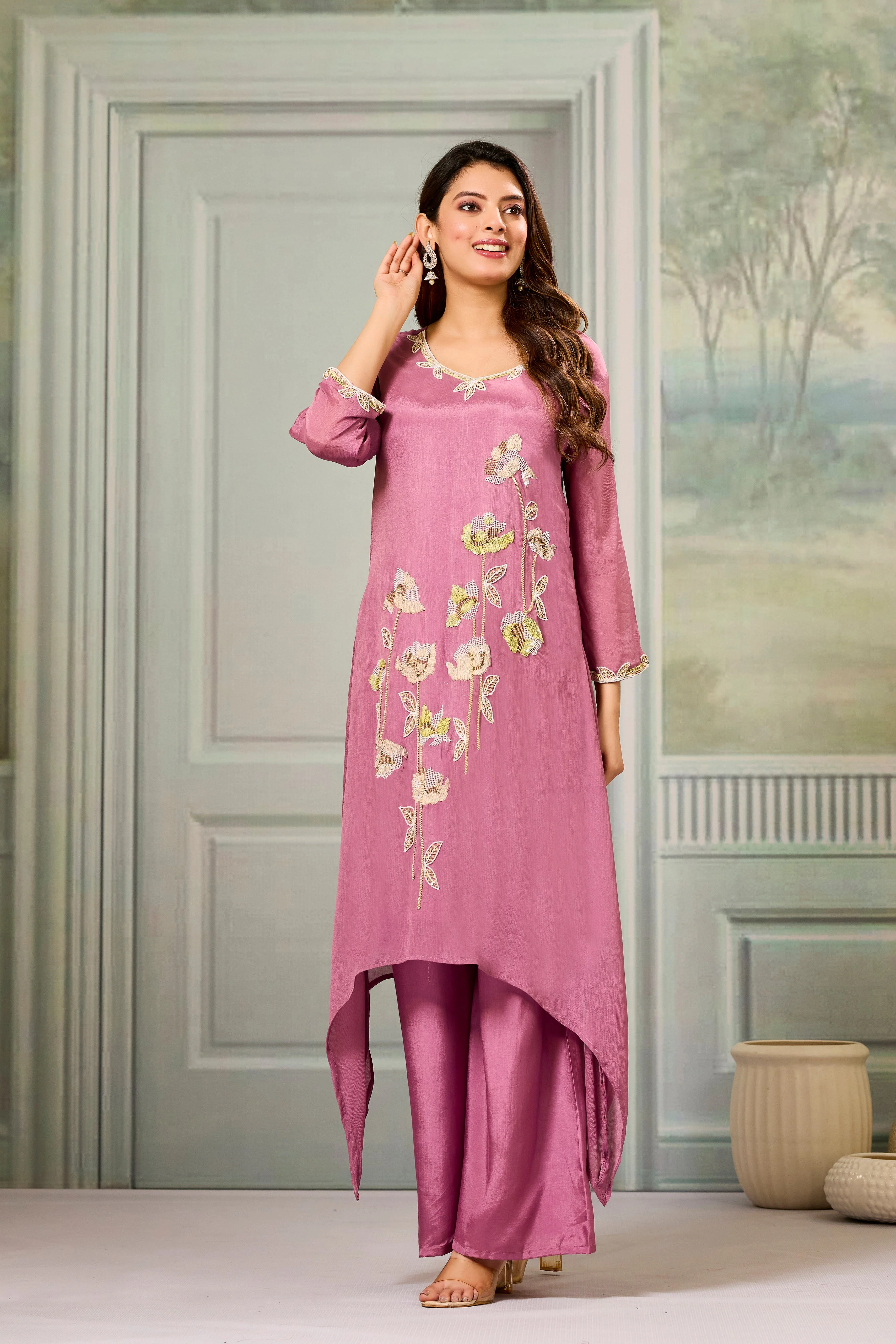 Pink Embellished Chinon Silk Palazzo Set - Image 4