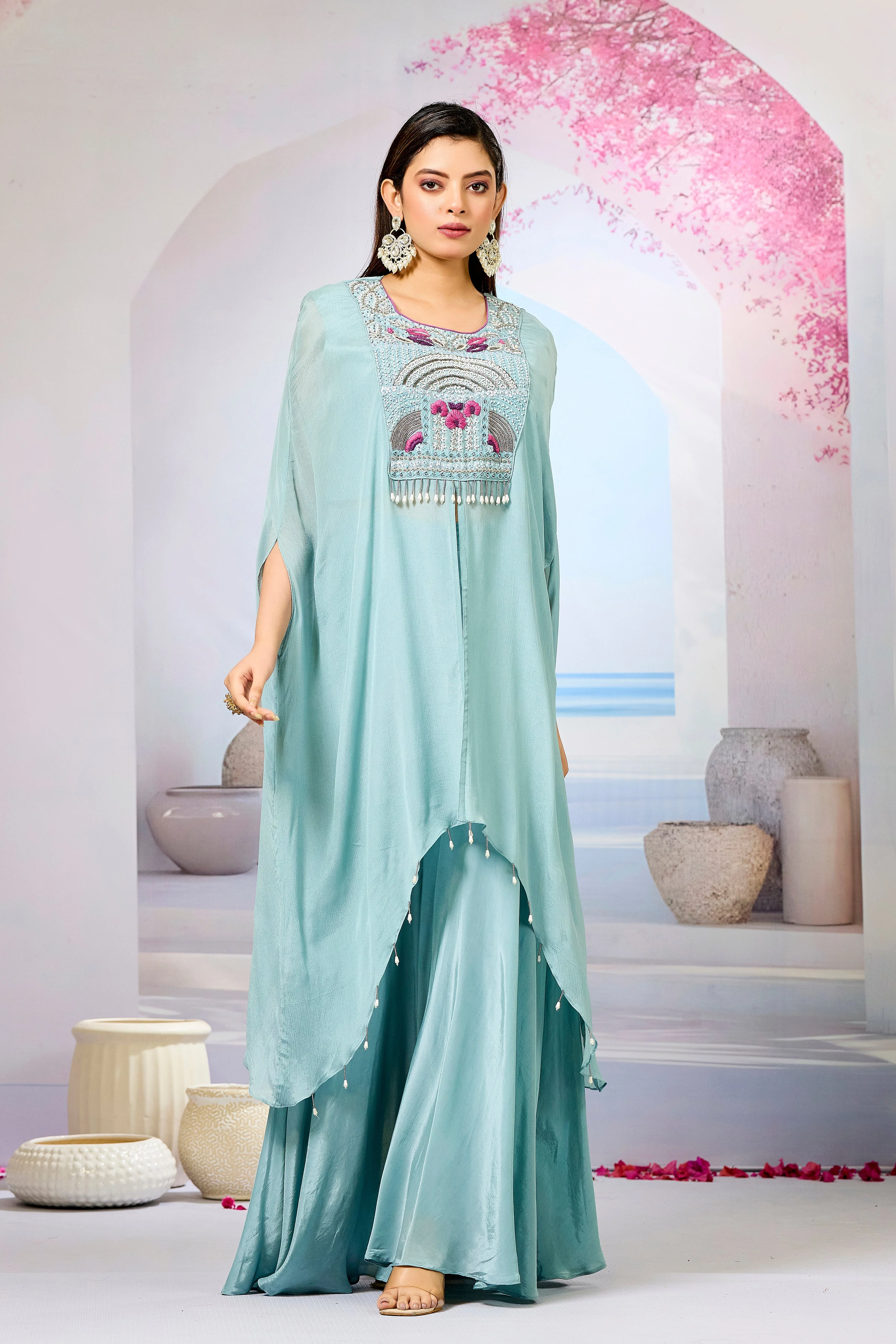 Sky Blue Embellished Chinon Silk Palazzo Set - Image 4