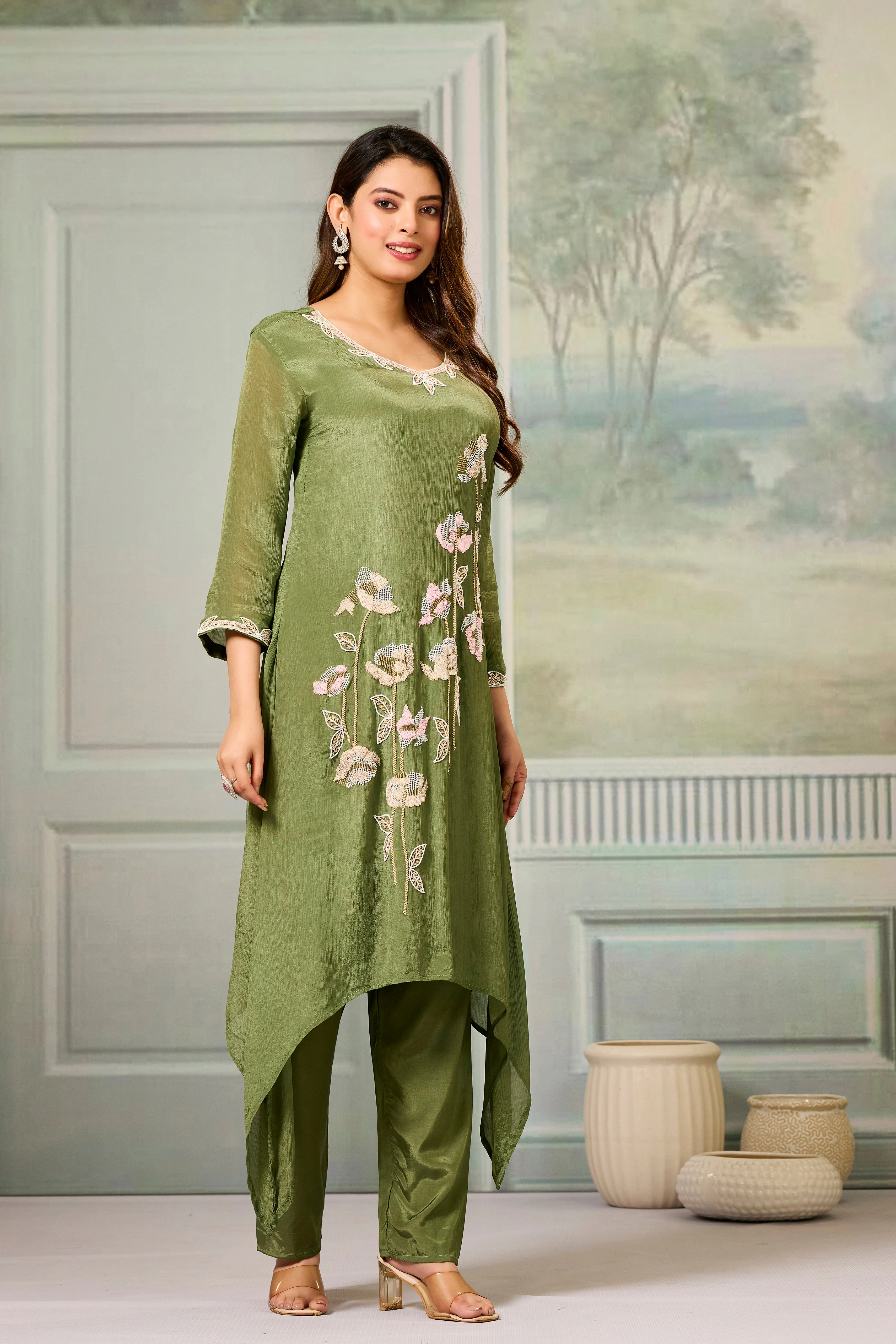 Green Embellished Chinon Silk Palazzo Set - Image 3