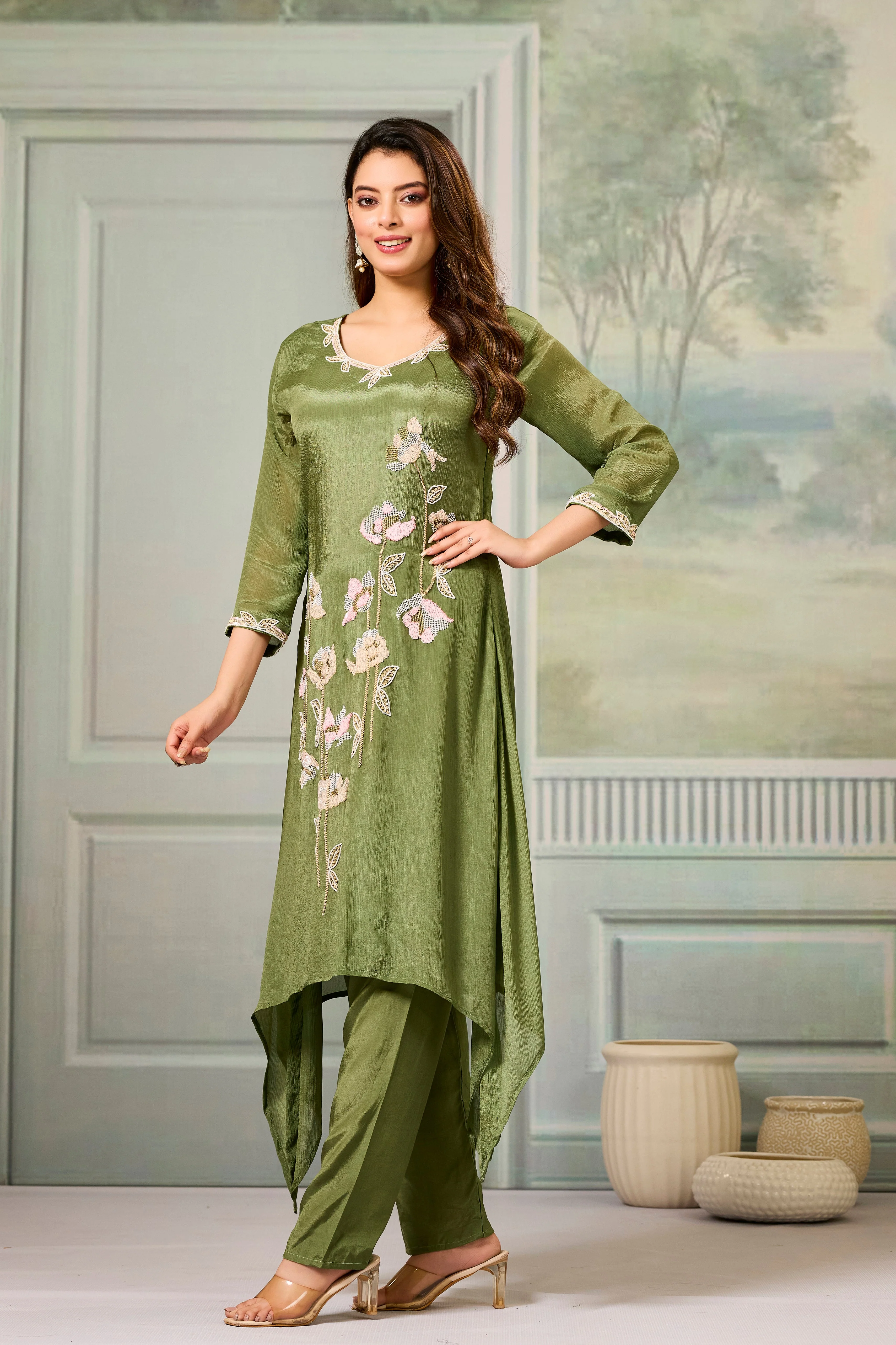 Green Embellished Chinon Silk Palazzo Set - Image 4