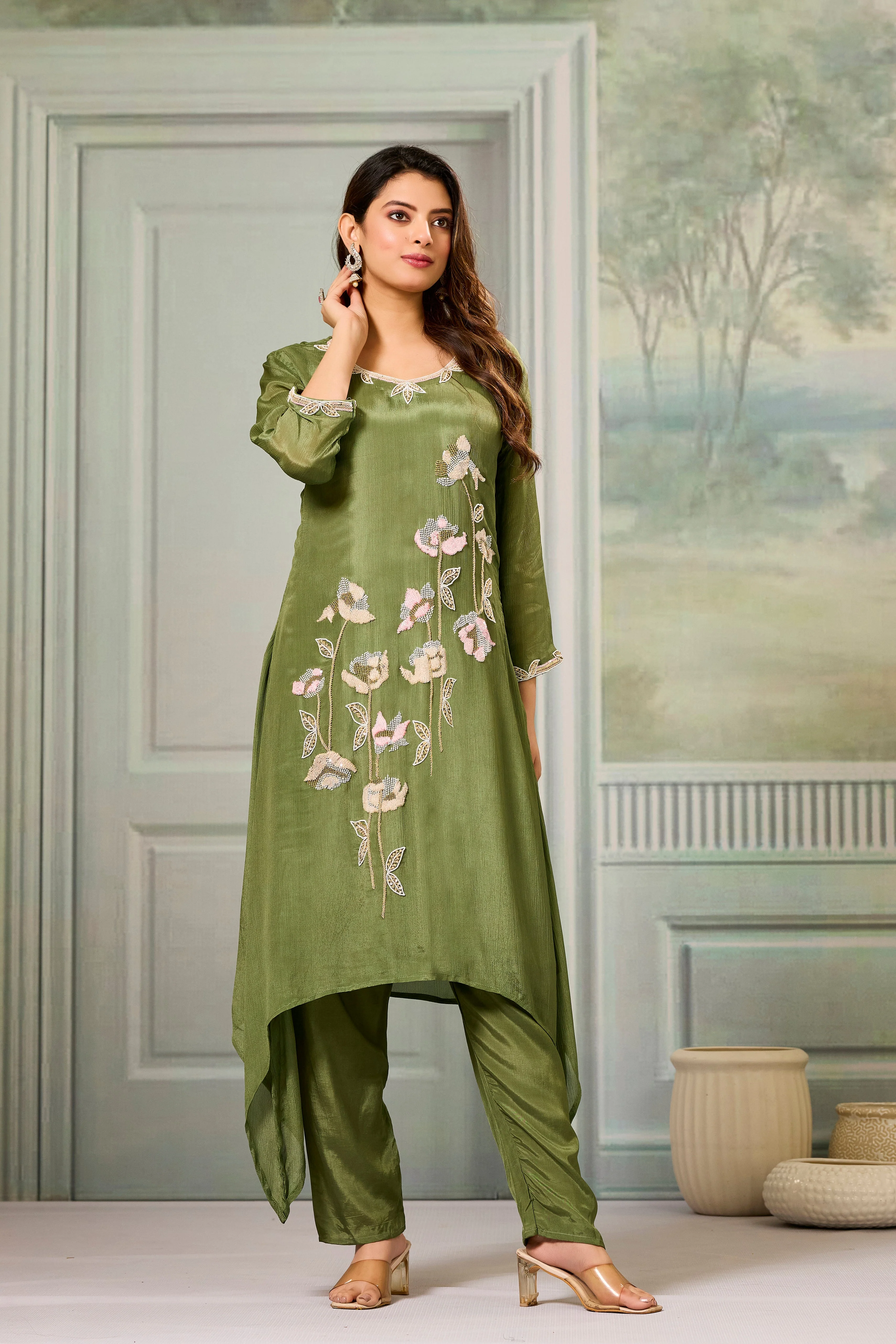 Green Embellished Chinon Silk Palazzo Set - Image 5