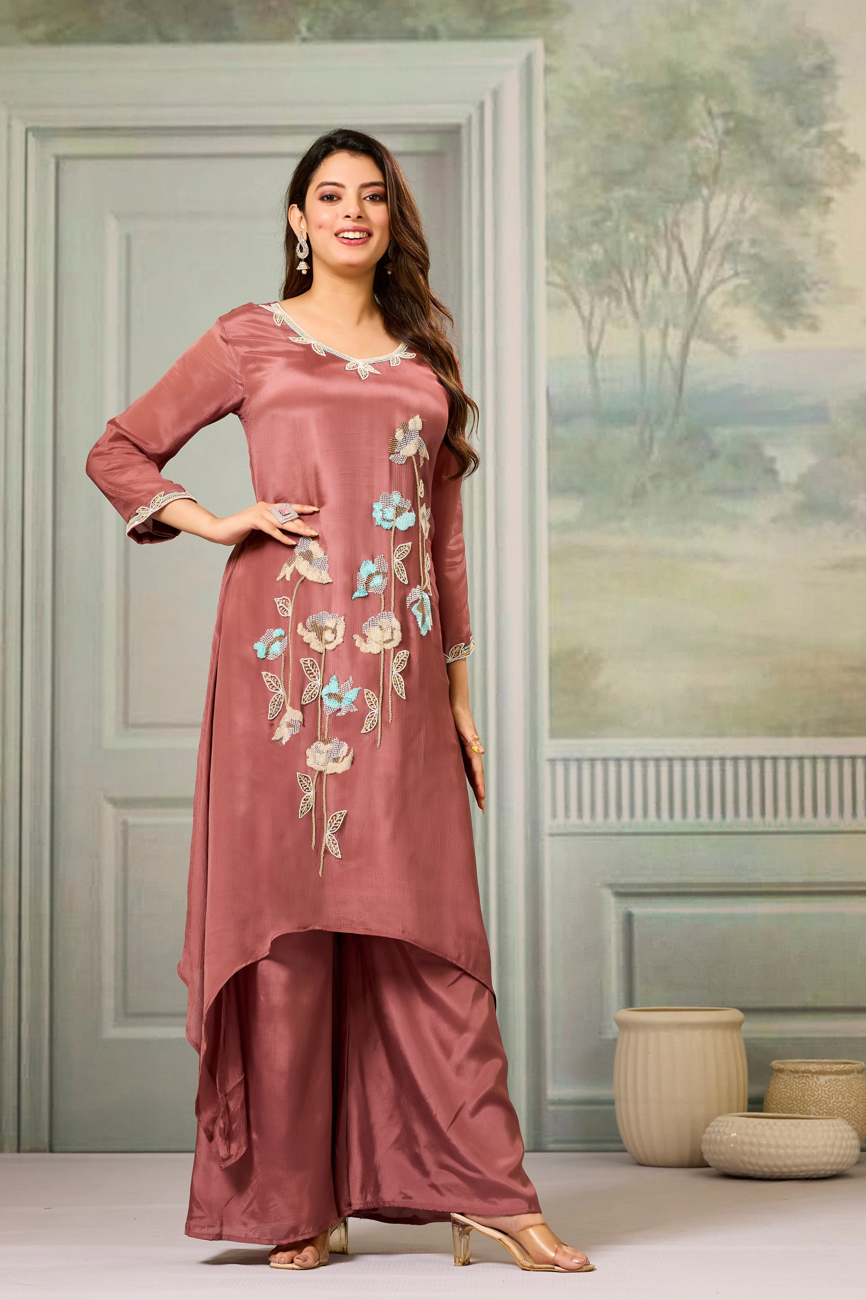 Rustic Mauve Embellished Chinon Silk Palazzo Set - Image 3