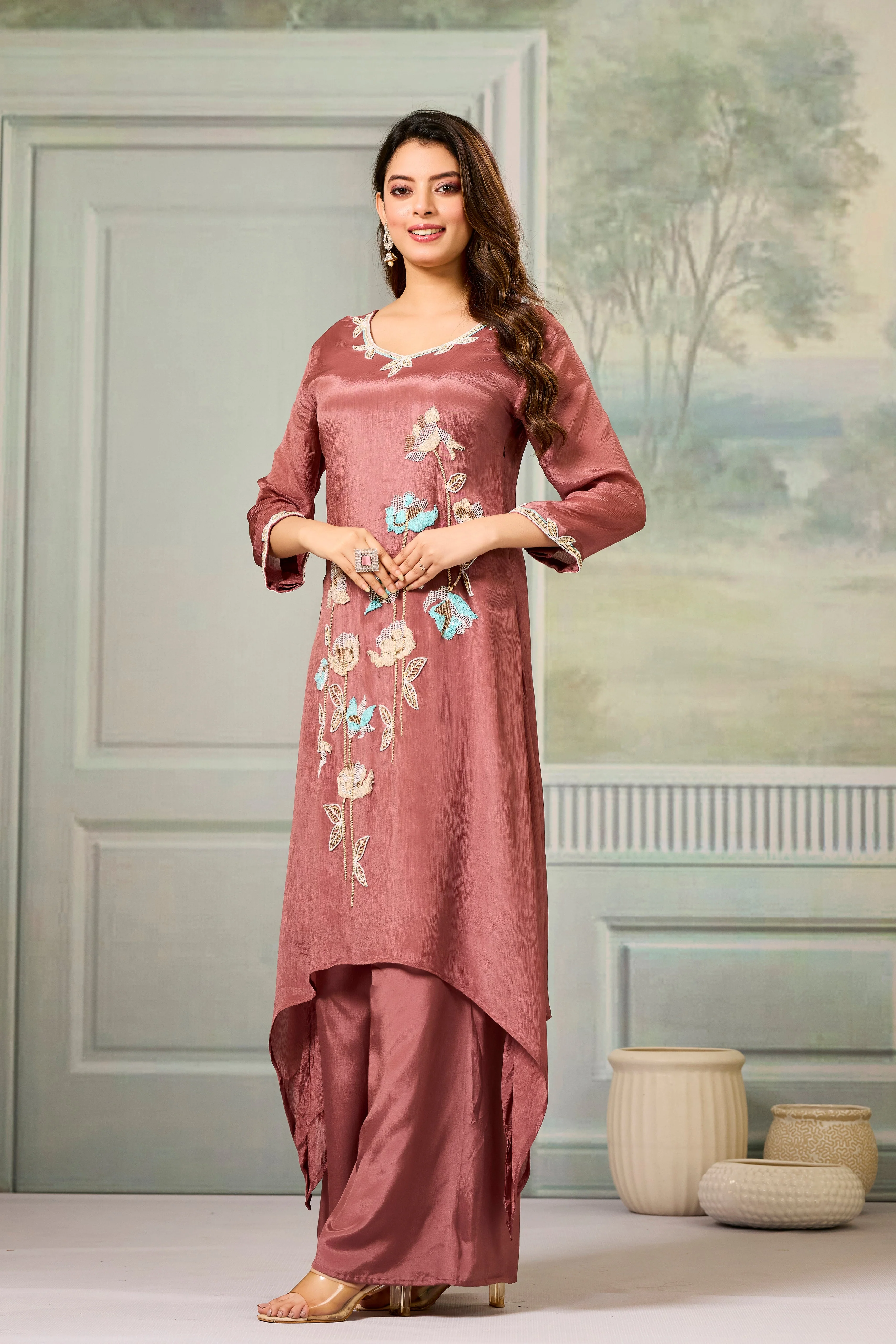 Rustic Mauve Embellished Chinon Silk Palazzo Set - Image 4