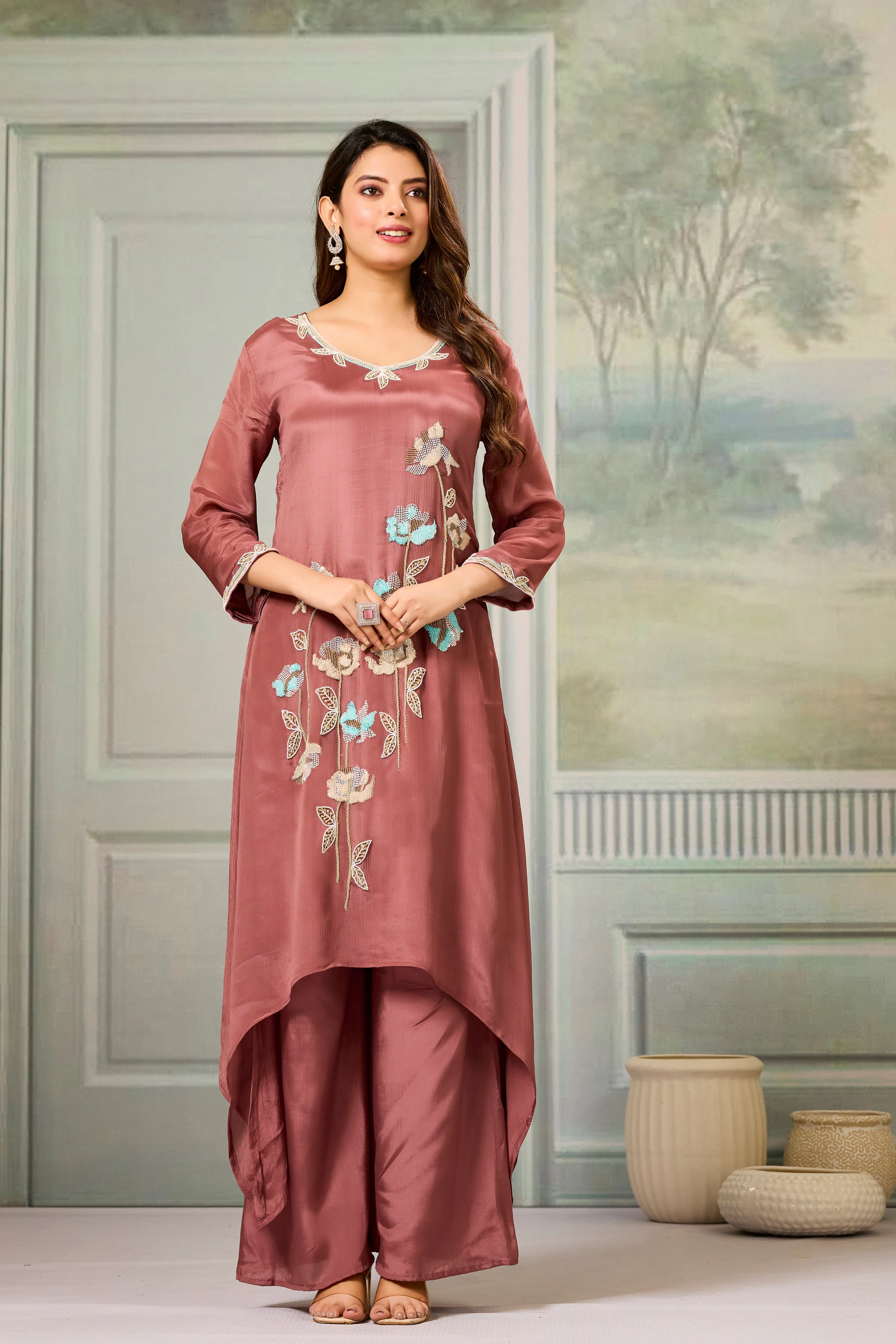 Rustic Mauve Embellished Chinon Silk Palazzo Set - Image 5