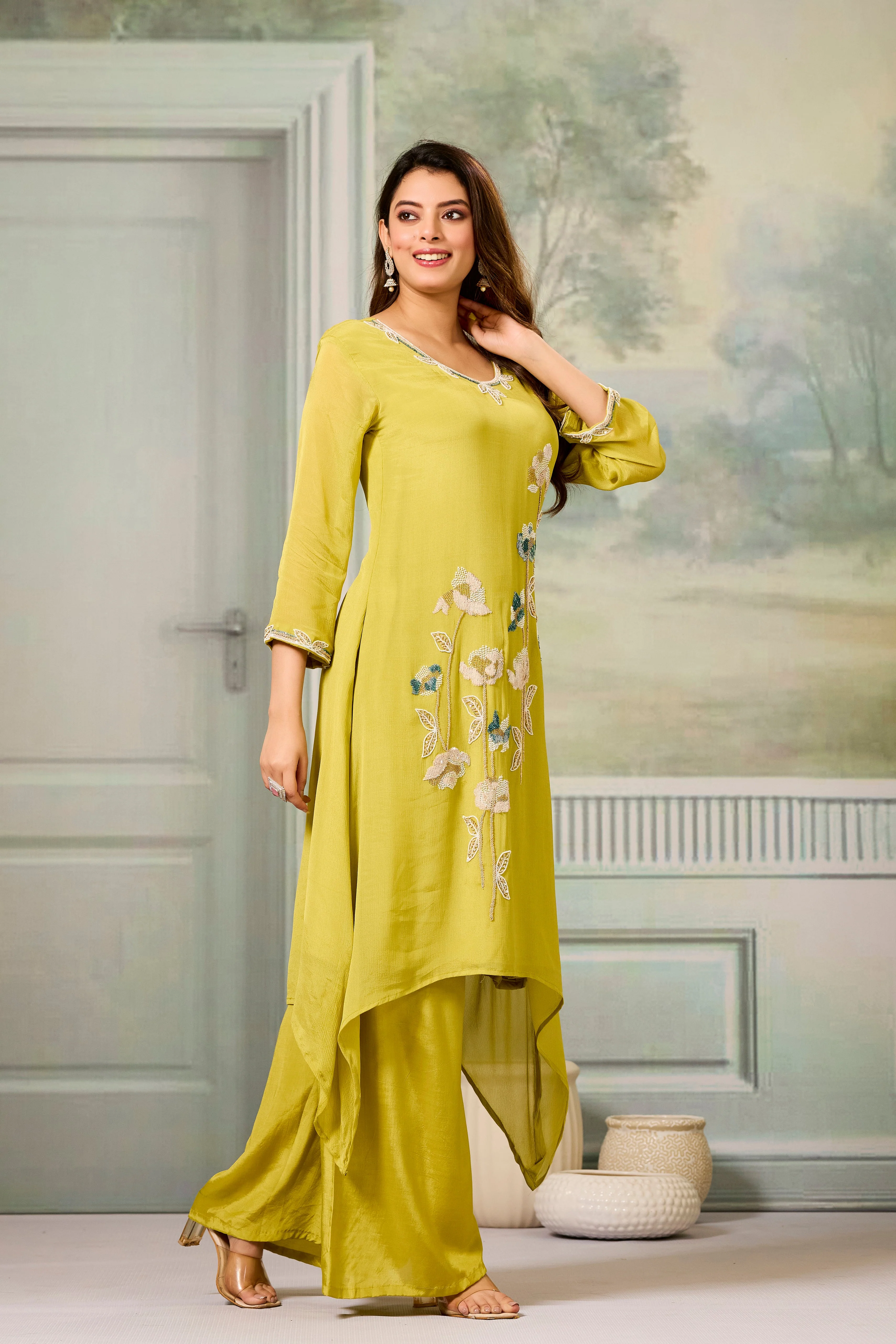 Pear Green Embellished Chinon Silk Palazzo Set - Image 3