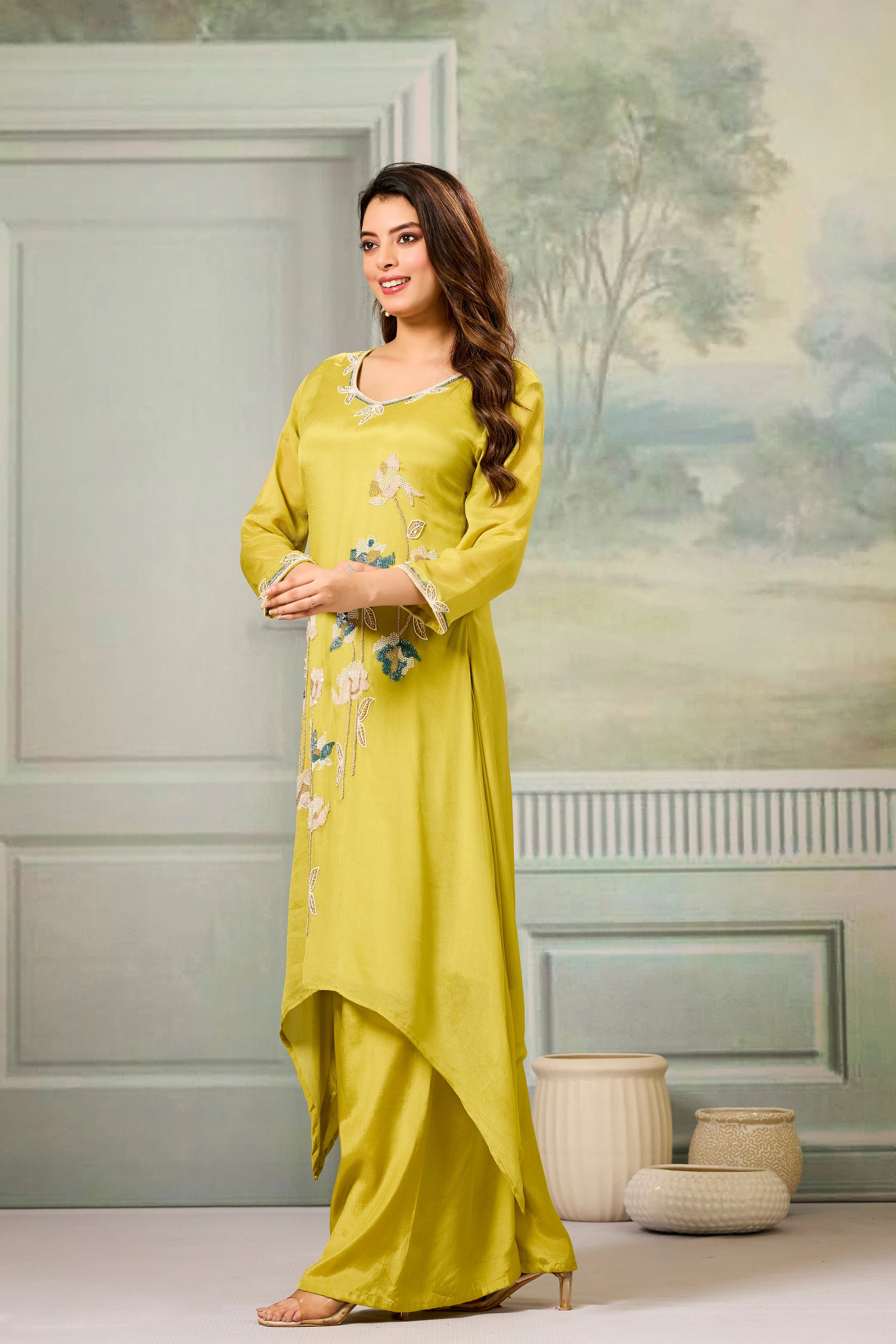 Pear Green Embellished Chinon Silk Palazzo Set - Image 4
