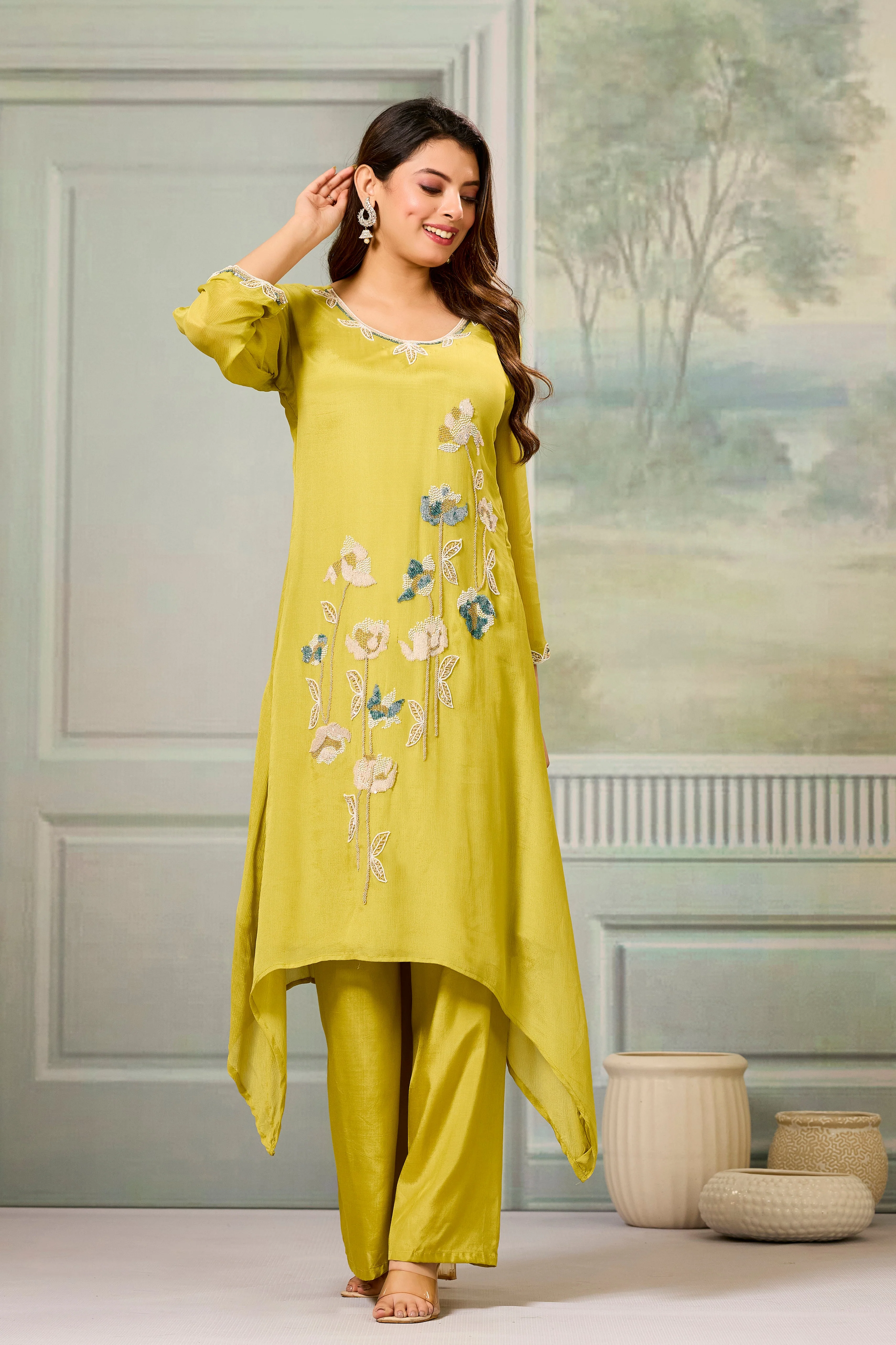 Pear Green Embellished Chinon Silk Palazzo Set - Image 5