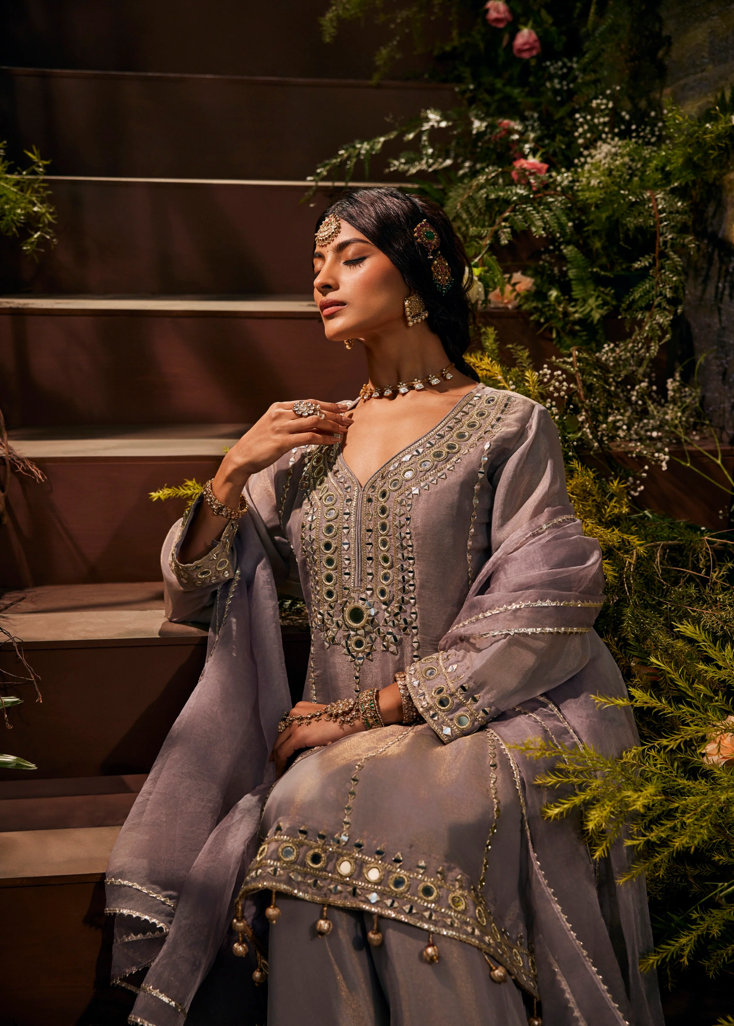Slate Grey Embellished Shimmer Tissue Silk Palazzo Set - Image 2