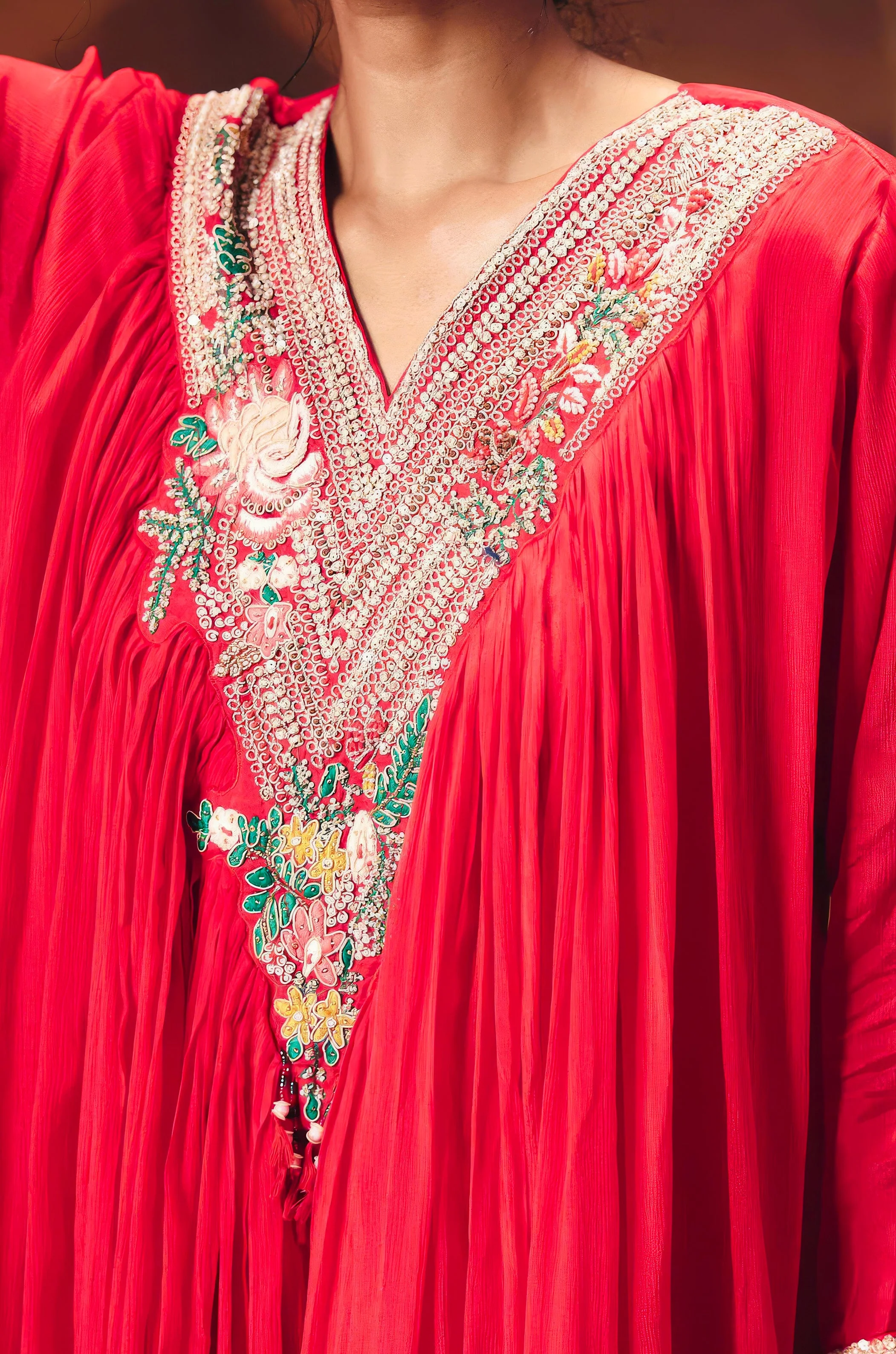 Coral Red Embellished Chinon Silk Sharara Set - Image 2