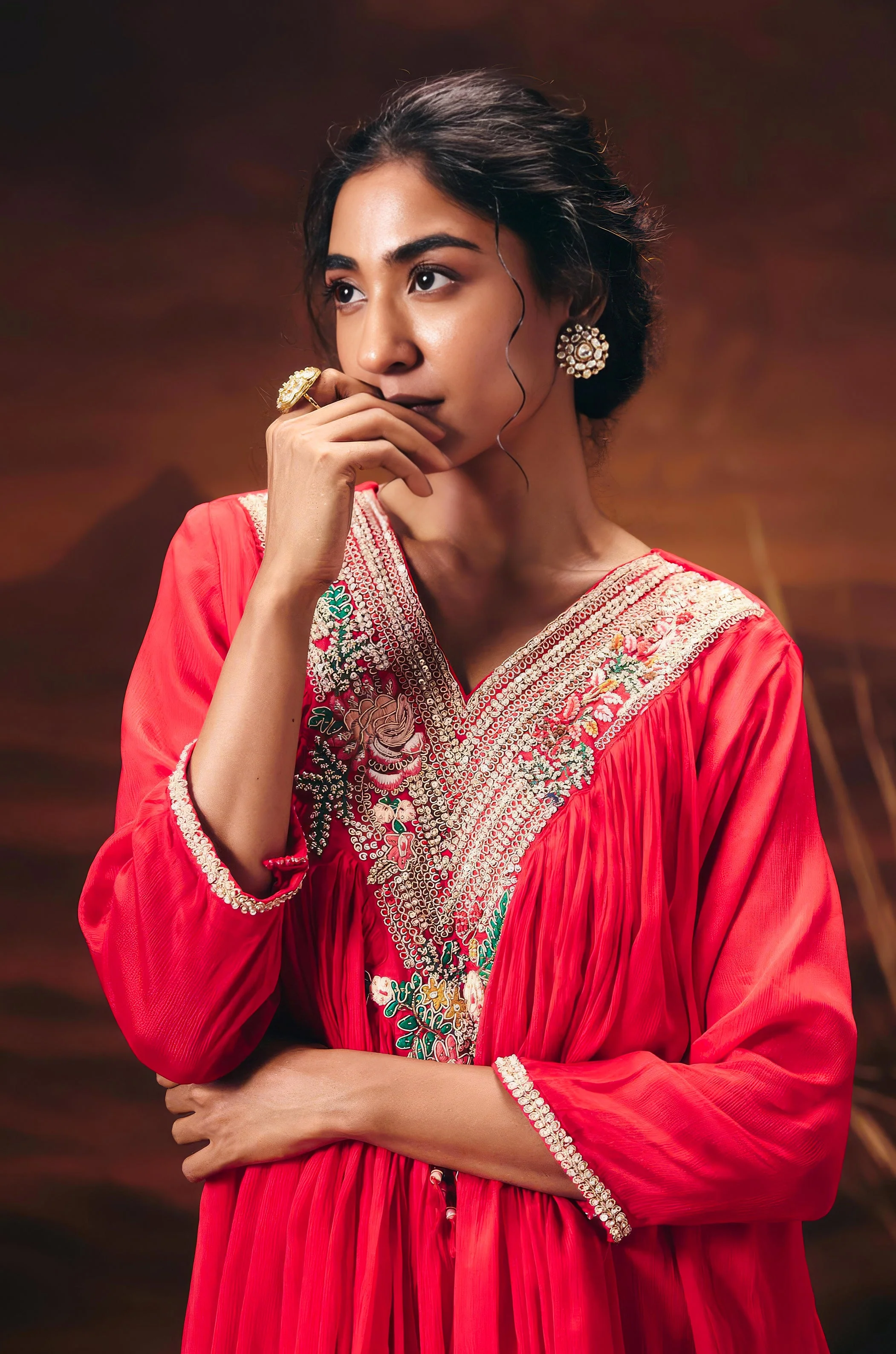 Coral Red Embellished Chinon Silk Sharara Set - Image 3