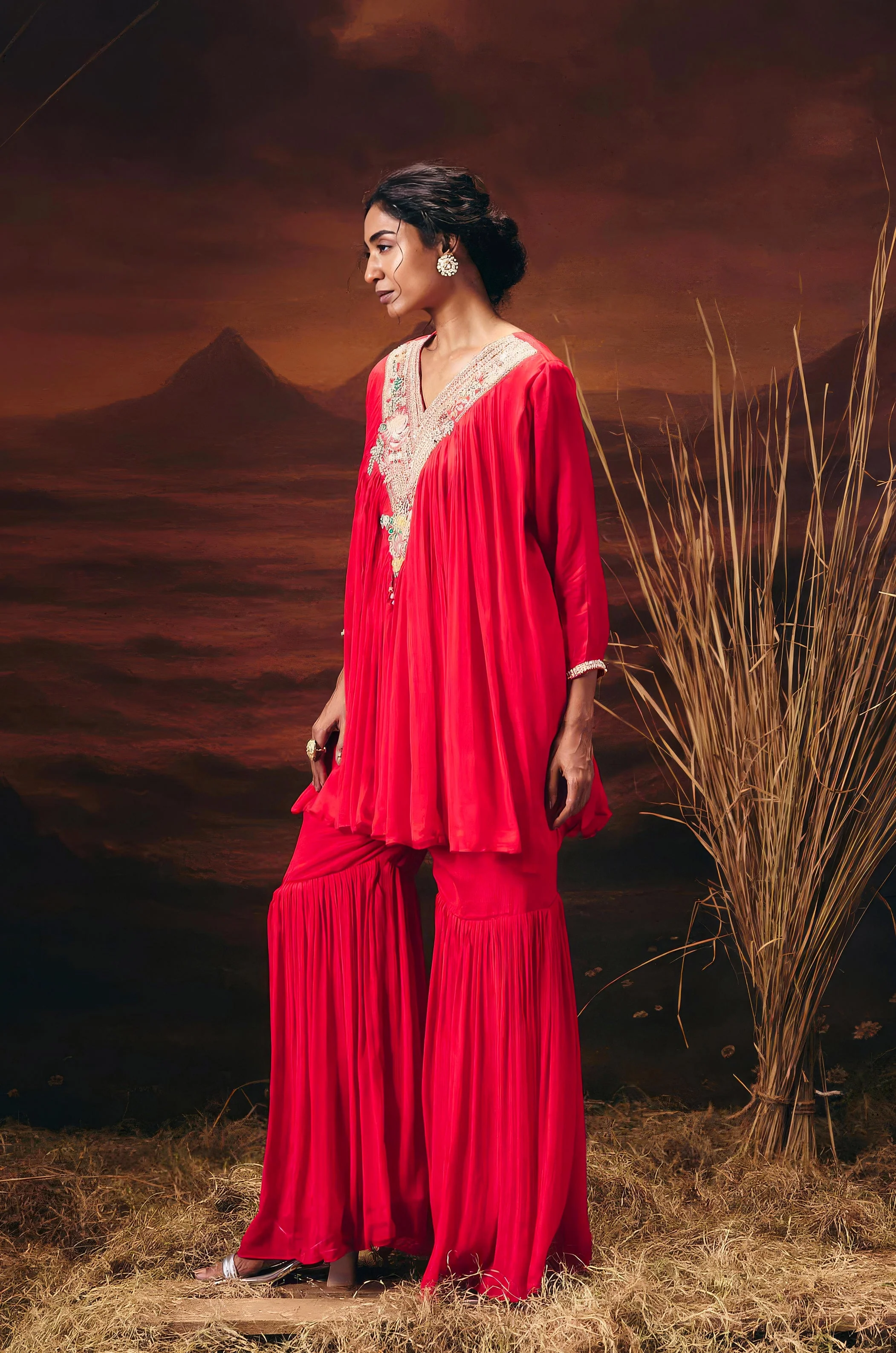 Coral Red Embellished Chinon Silk Sharara Set - Image 4