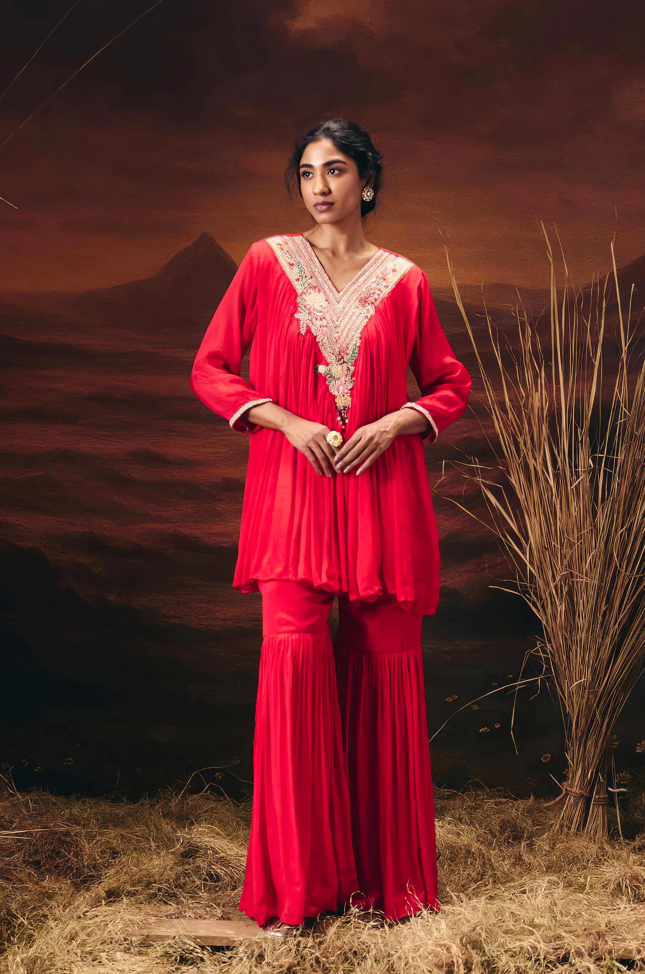 Coral Red Embellished Chinon Silk Sharara Set - Image 5