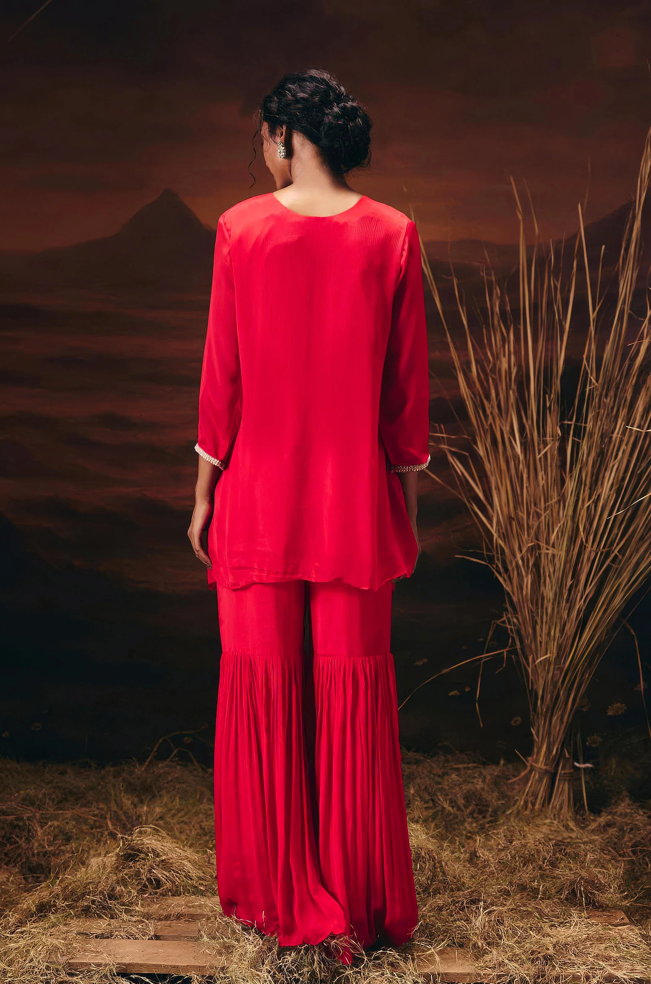 Coral Red Embellished Chinon Silk Sharara Set - Image 6