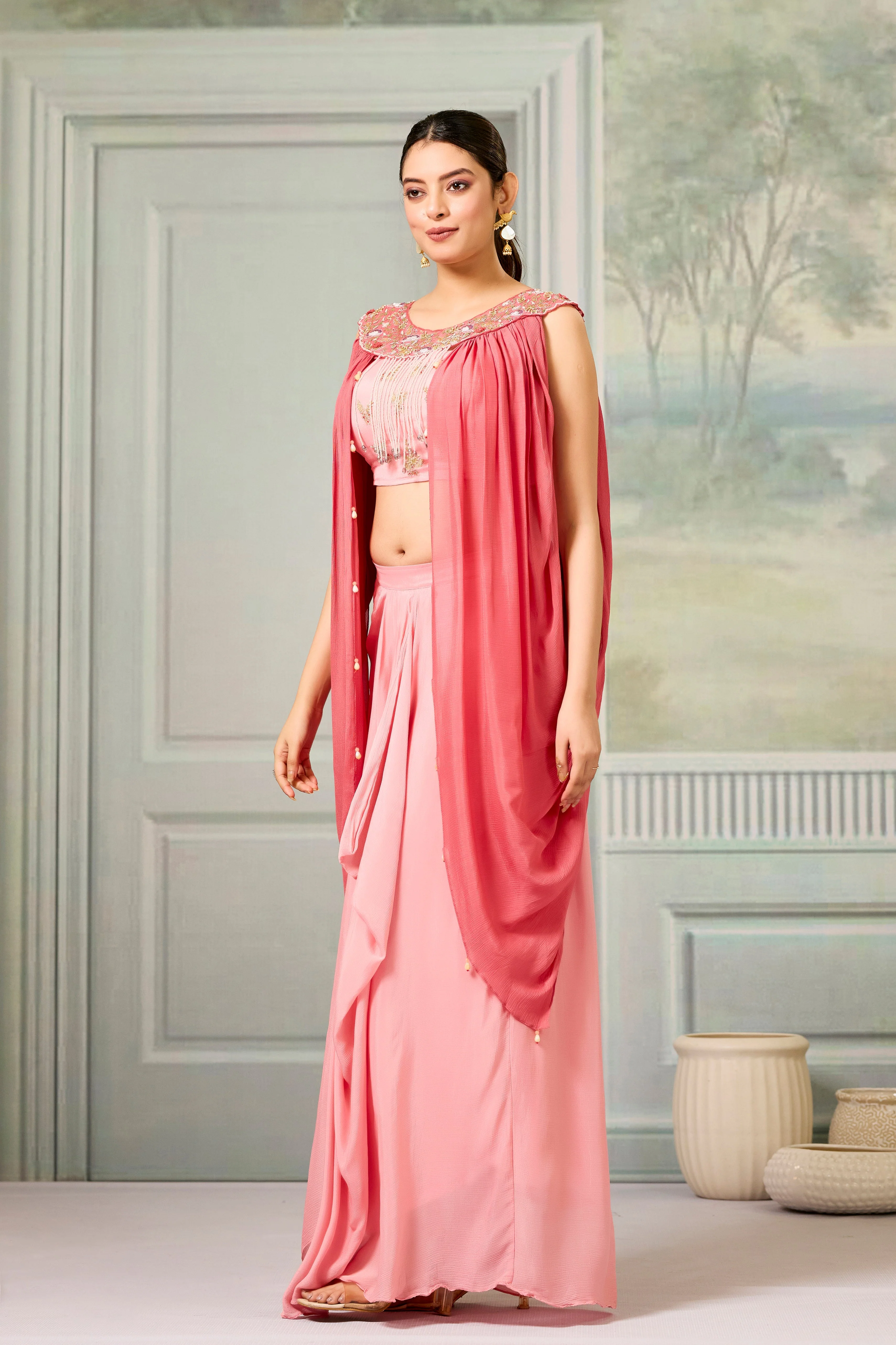 Pastel Pink Embellished Chinon Silk Skirt Set - Image 4
