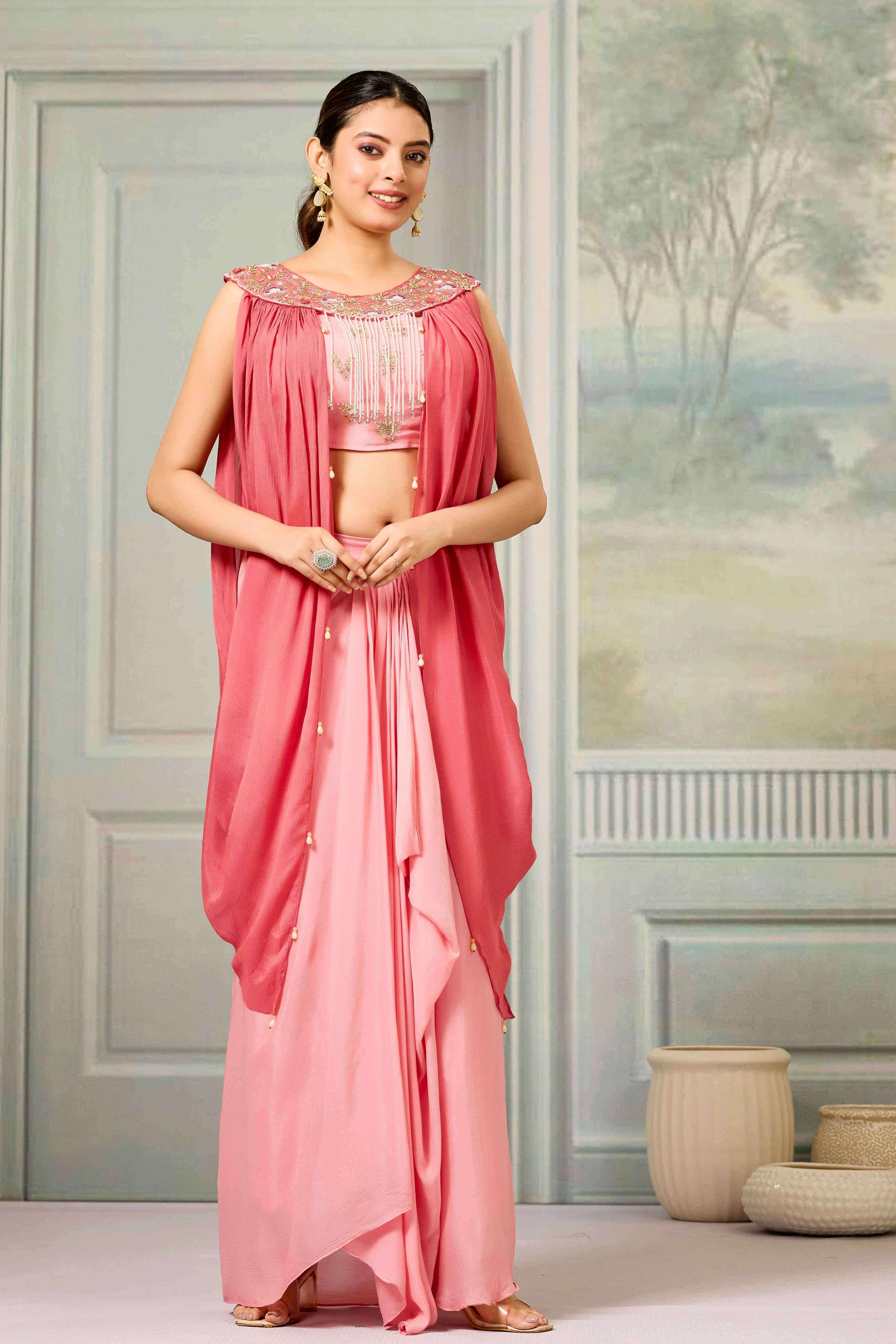 Pastel Pink Embellished Chinon Silk Skirt Set - Image 5