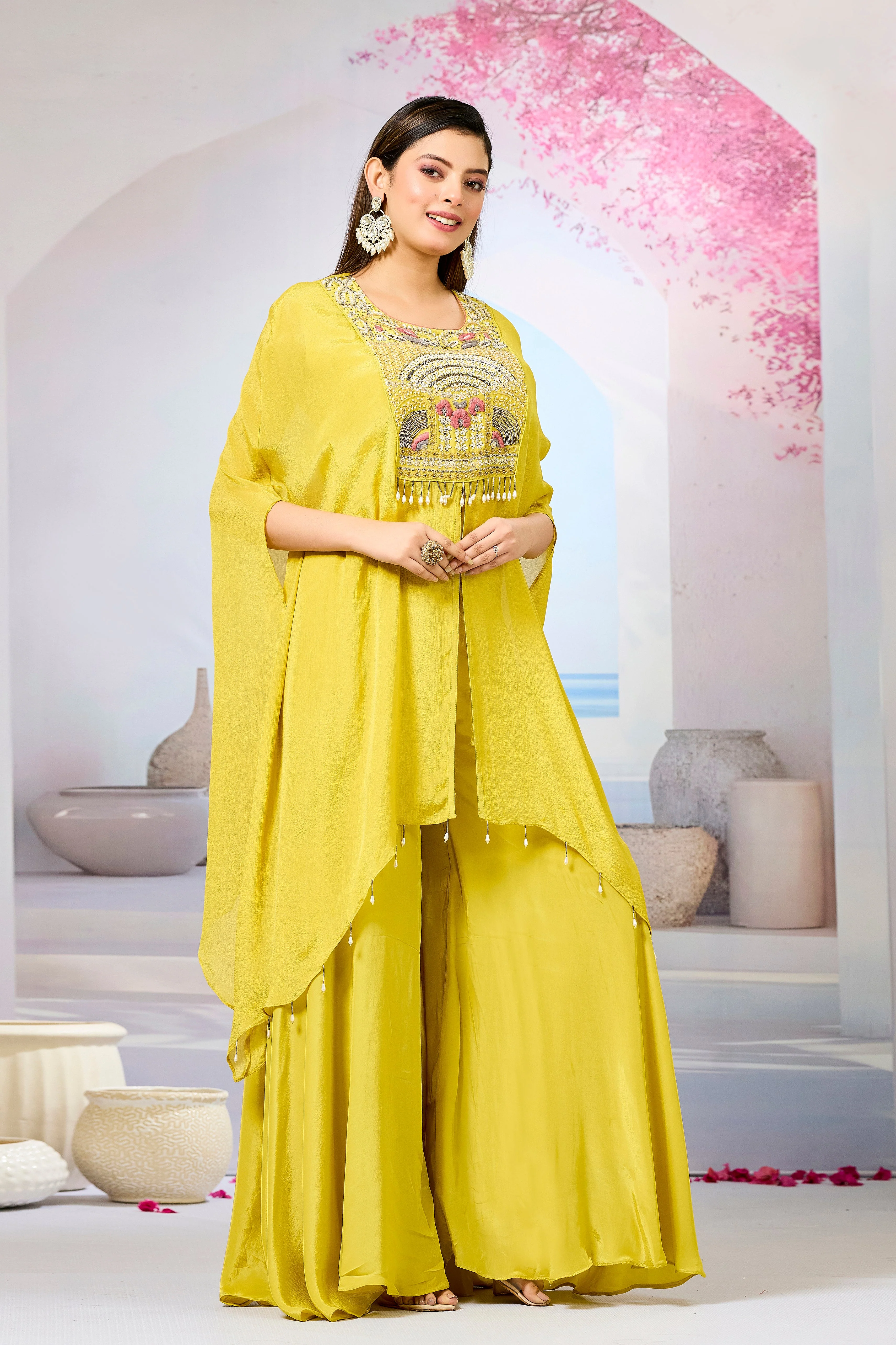 Yellow Embellished Chinon Silk Palazzo Set - Image 3