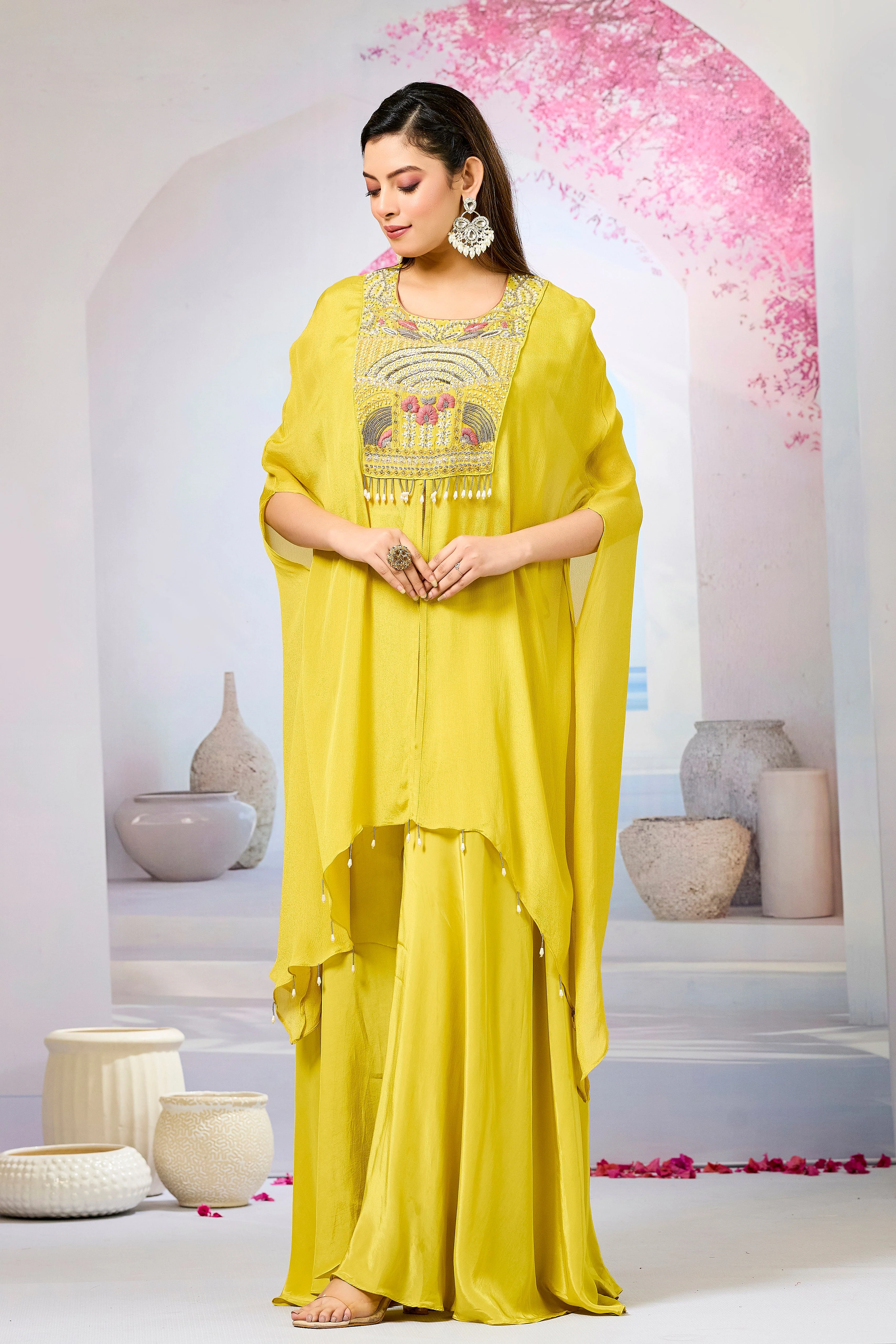 Yellow Embellished Chinon Silk Palazzo Set - Image 4