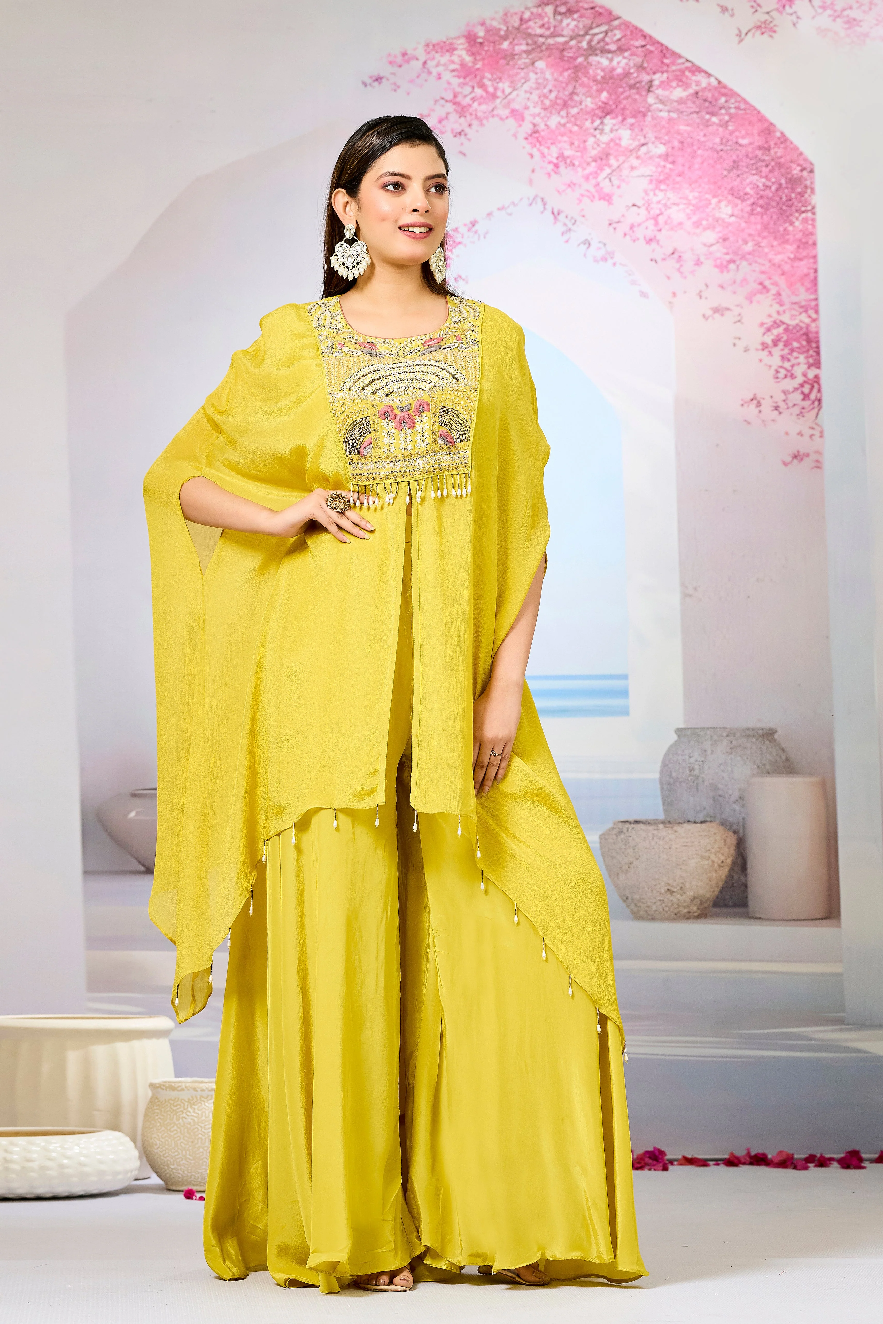 Yellow Embellished Chinon Silk Palazzo Set - Image 5