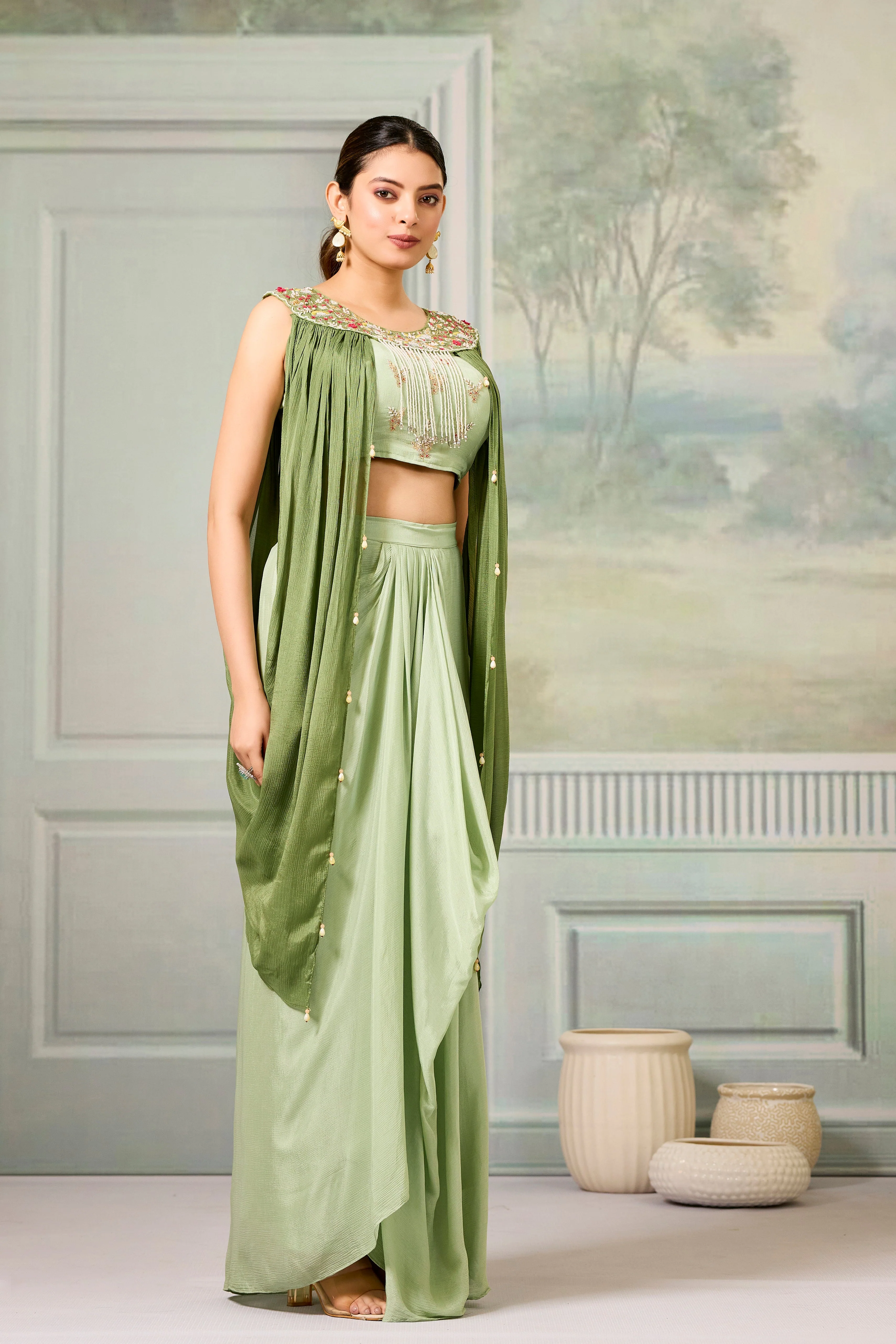 Green Embellished Chinon Silk Skirt Set - Image 3