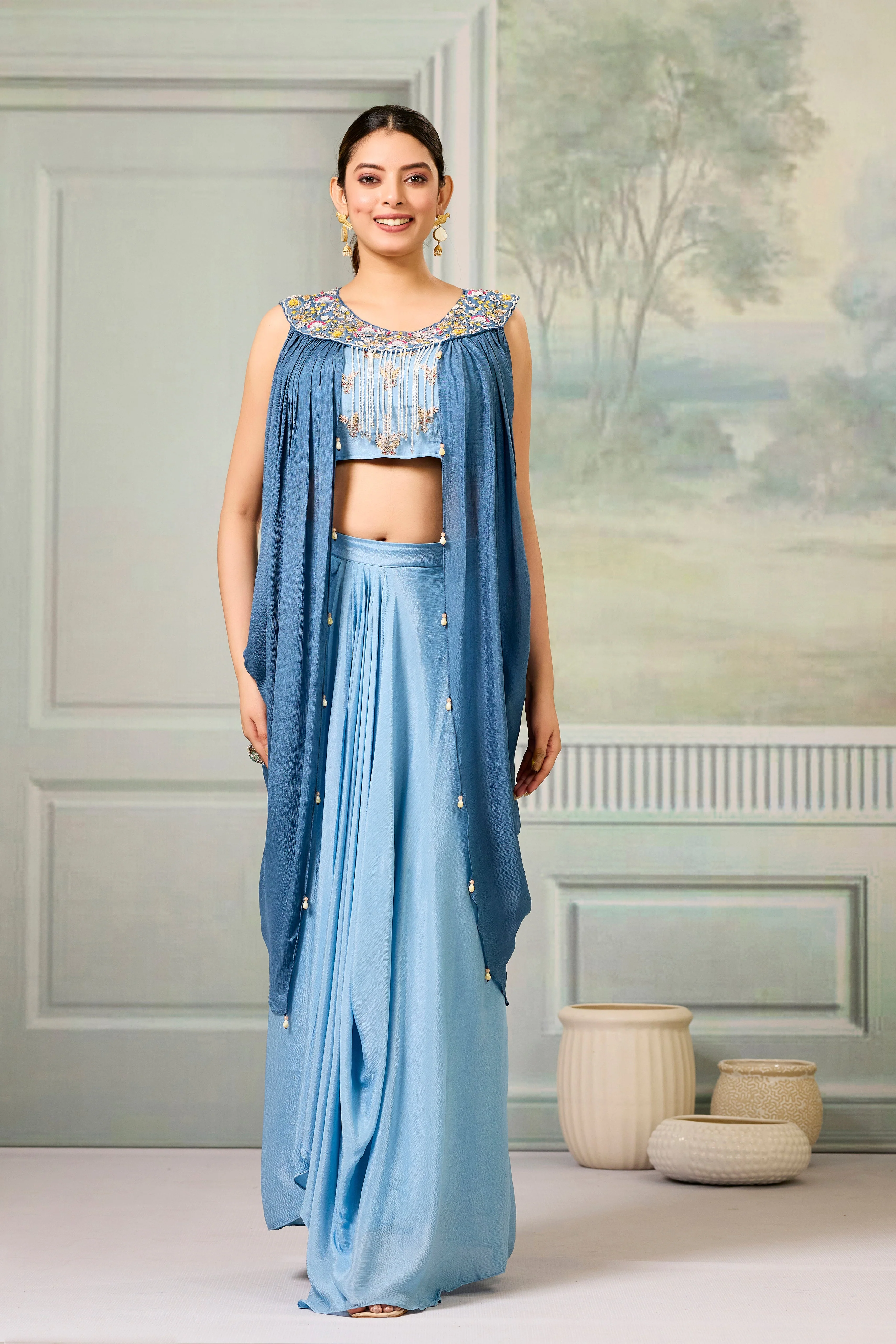 Blue Embellished Chinon Silk Skirt Set