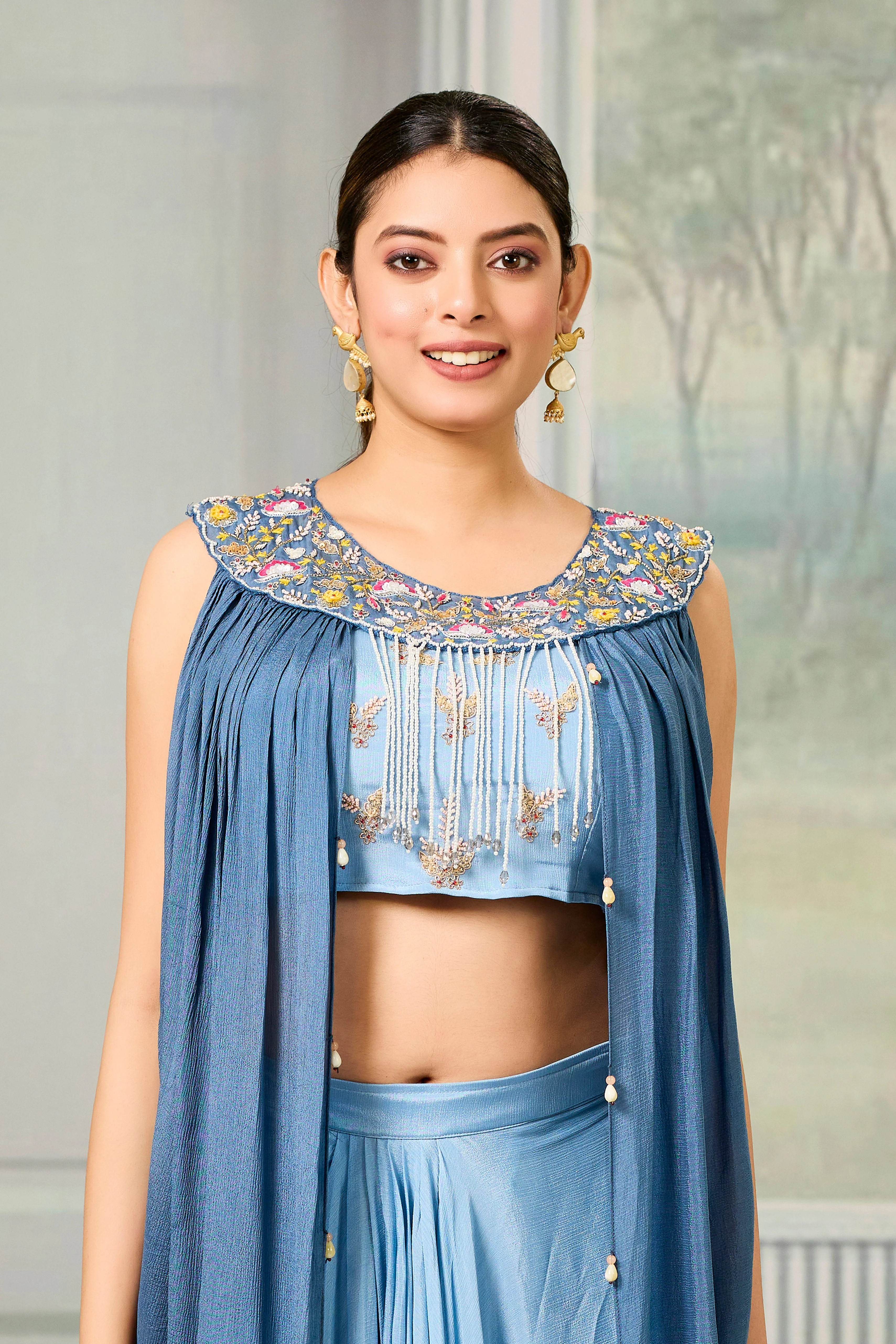 Blue Embellished Chinon Silk Skirt Set - Image 2