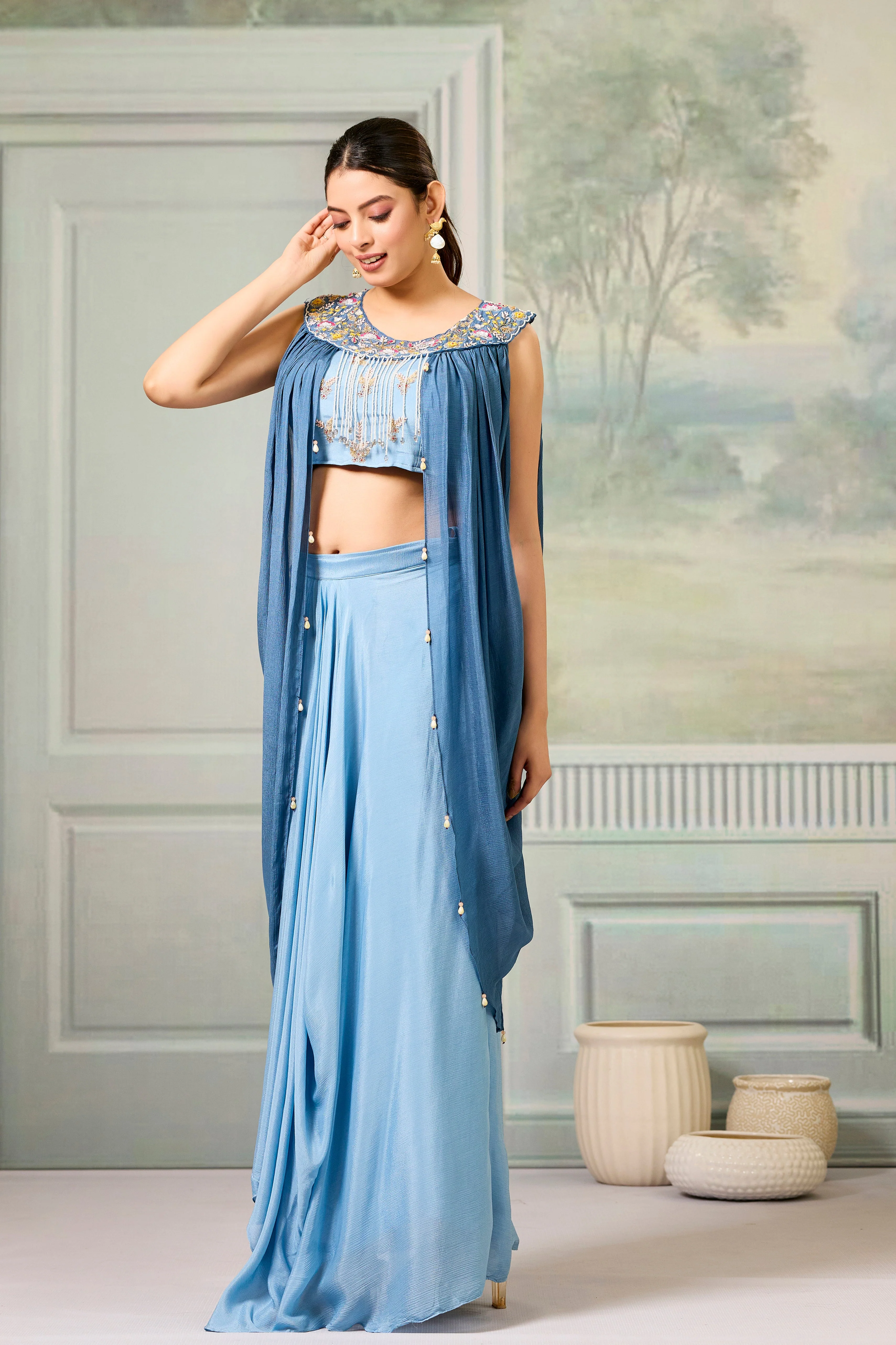Blue Embellished Chinon Silk Skirt Set - Image 3