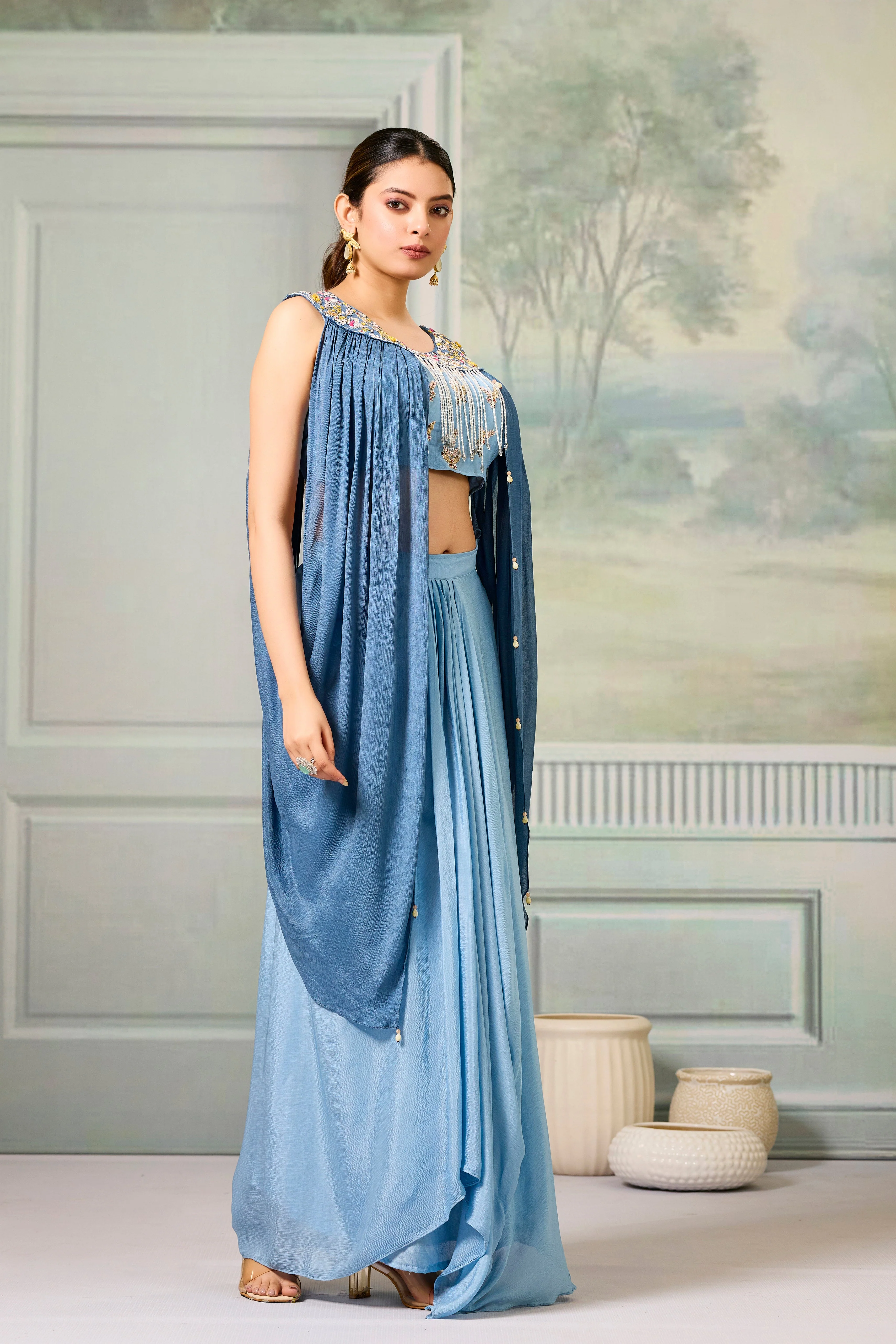 Blue Embellished Chinon Silk Skirt Set - Image 4