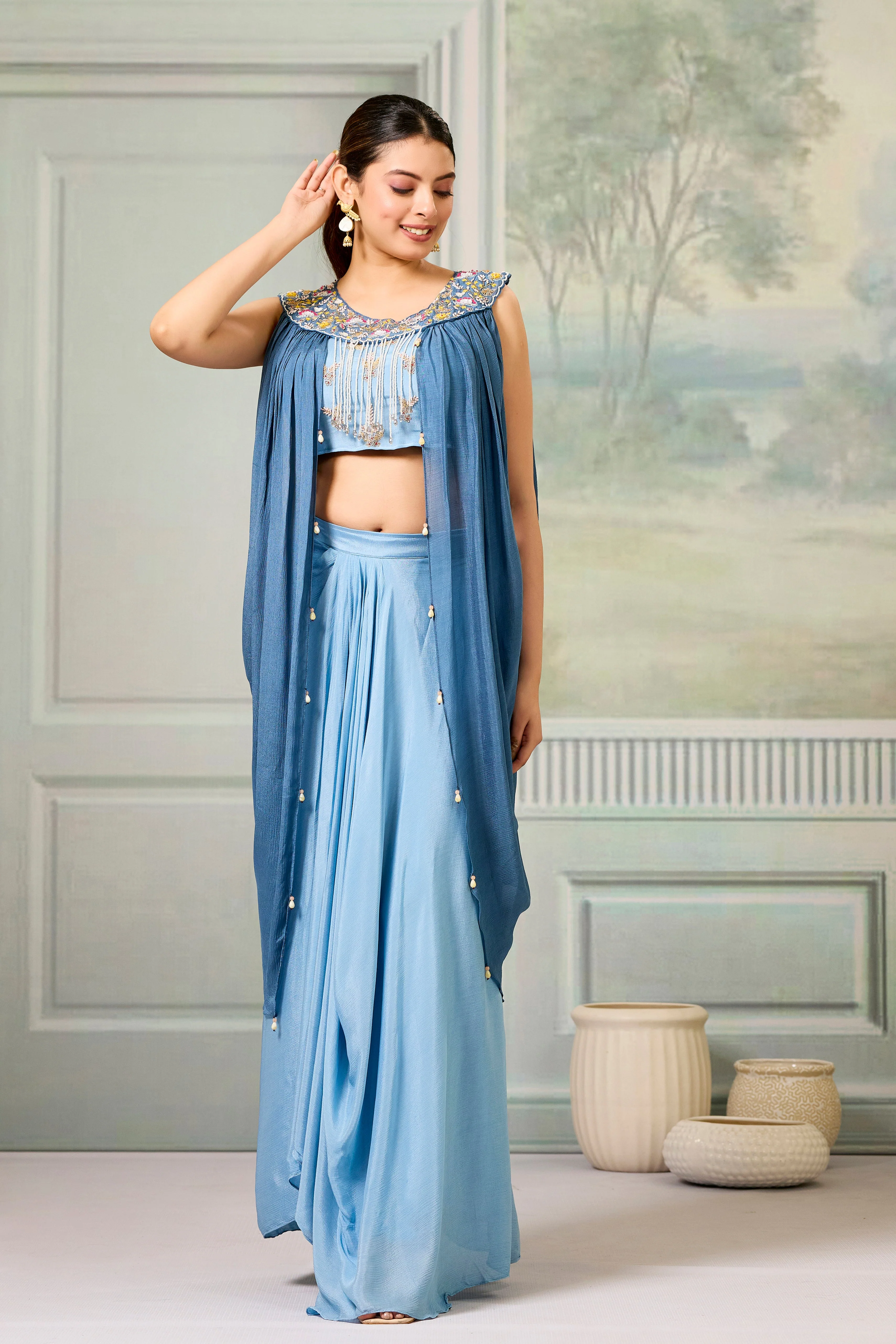 Blue Embellished Chinon Silk Skirt Set - Image 5