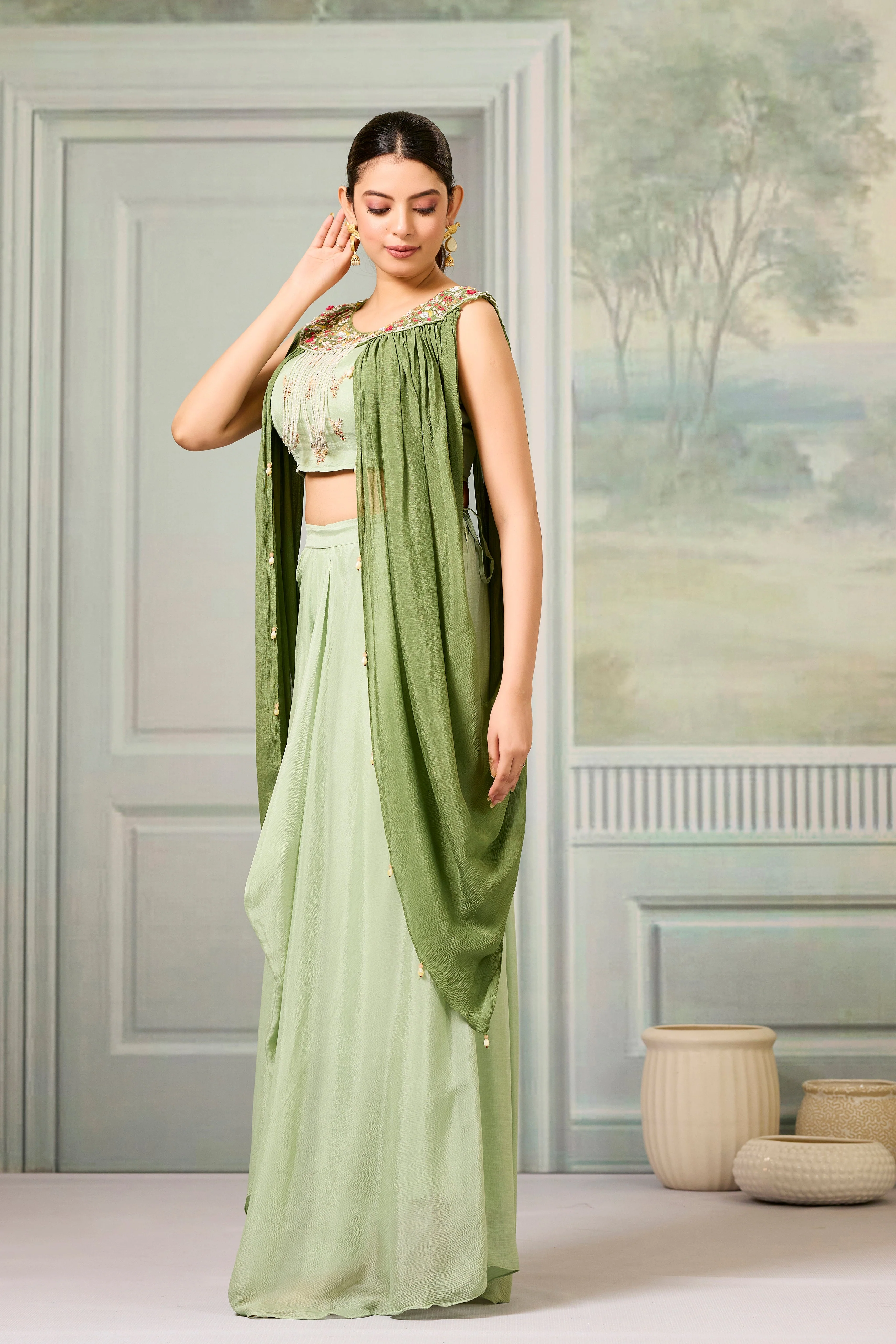 Green Embellished Chinon Silk Skirt Set - Image 4