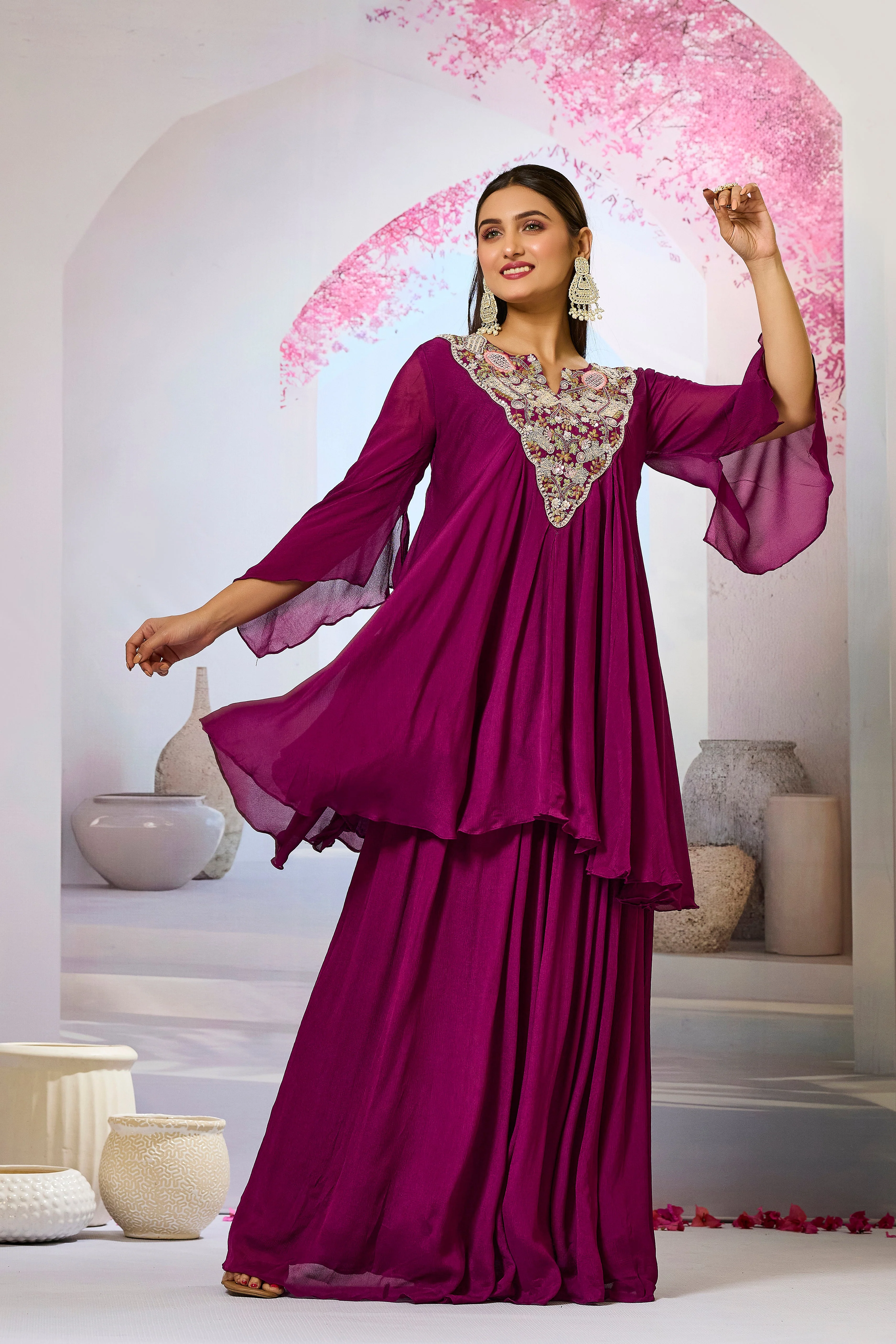 Wine Embellished Chinon Silk Skirt Set - Image 3