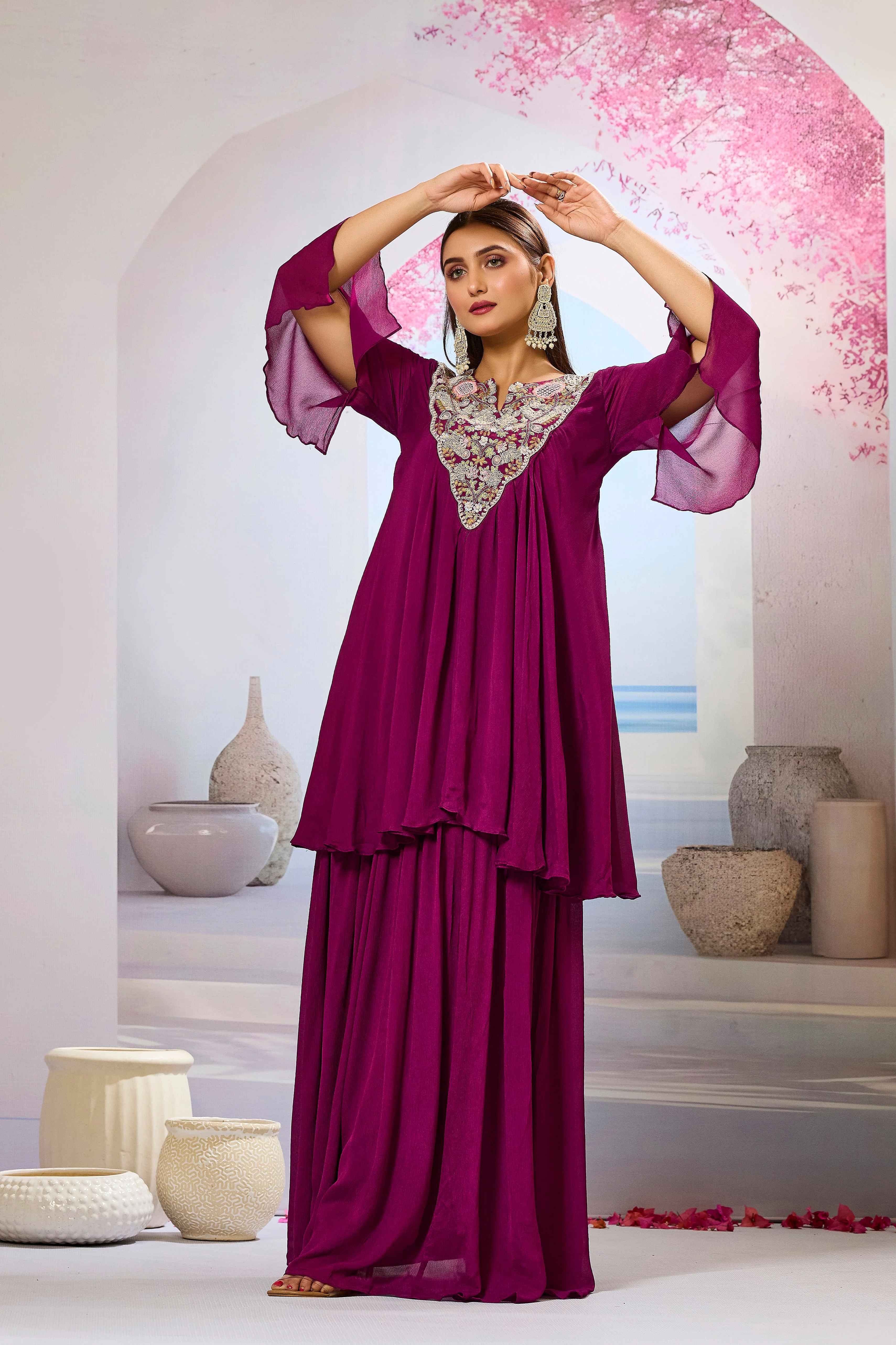 Wine Embellished Chinon Silk Skirt Set - Image 4